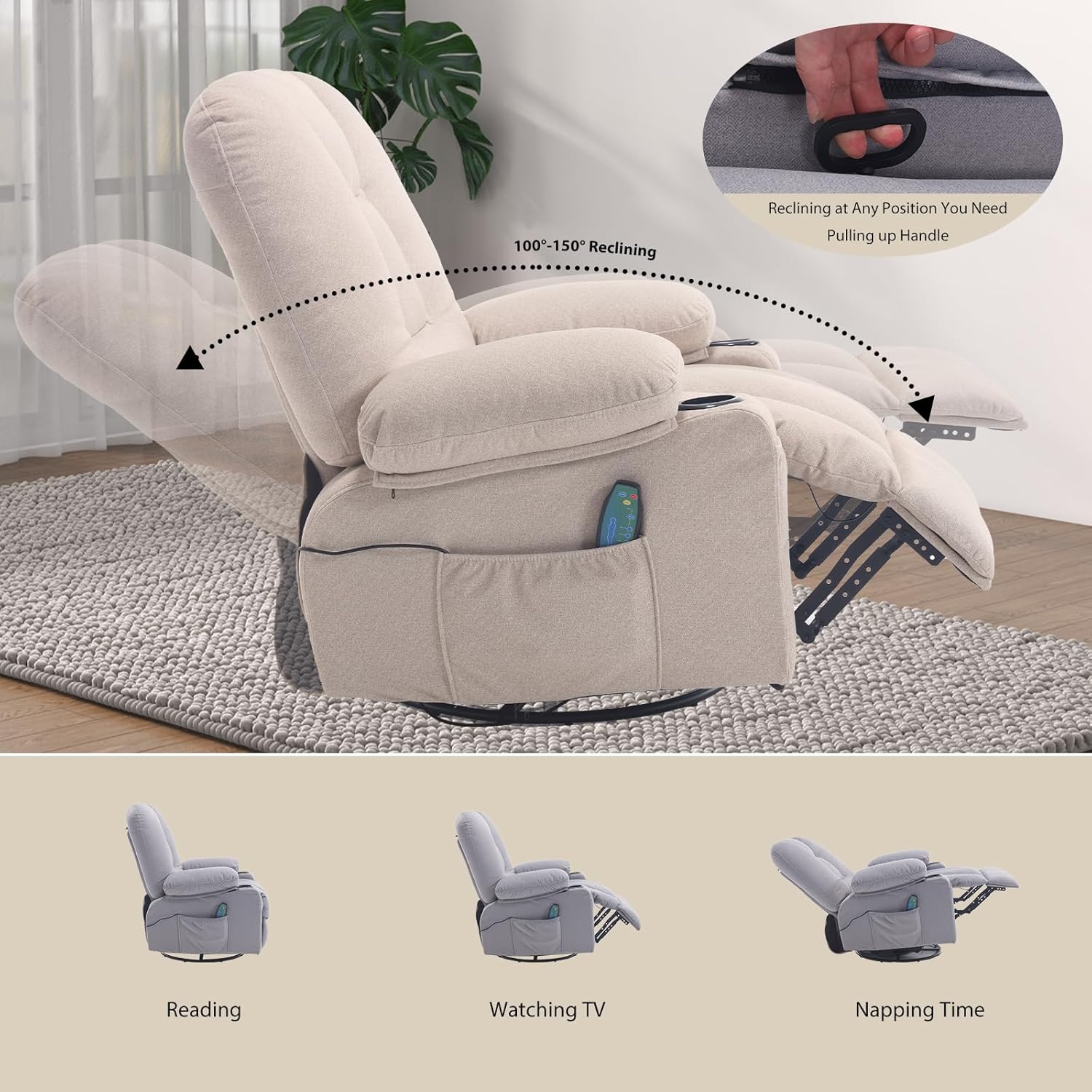 Rocker Recliner Chair with Massage and Heat, Oversized Rocking Nursery Recliners Chair Overstuffed Swivel Glider with Cup Holder, Fabric Manual Single Sofa for Living Room, Beige