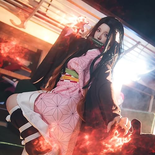 Vista 2 de Disfraz de anime de Tanjiro Zenitsu Shinobu Giyu Mitsuri con peluca y aretes, uniforme para Halloween, Rosado, Grande