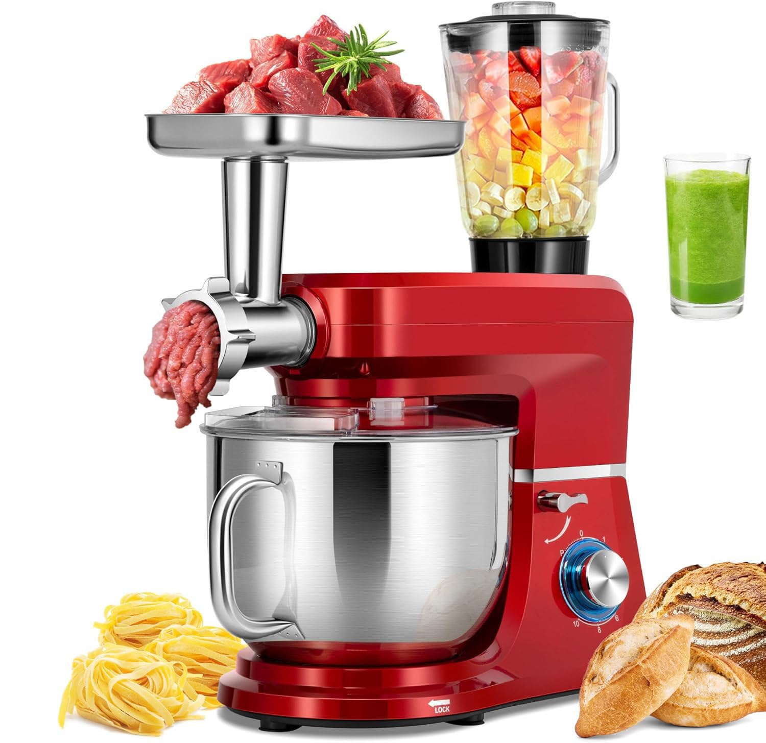 Pétrin robot pâtissier multifonction 3 en 1 rouge avec hachoir et mixeur