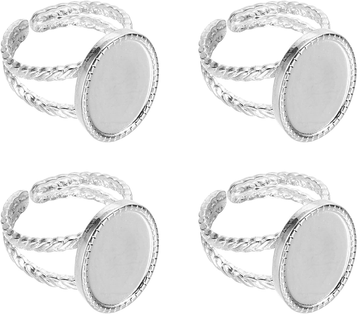 MECCANIXITY 4Pcs Stainless Steel Ring Base Blank, 16x12mm Adjustable Pad Cabochon Ring Blank Base Flat Bezel Tray for Jewelry Making Finding DIY, Silver