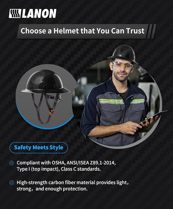 LANON Carbon Fiber Full Brim Hard Hat, OSHA Approved ANSI Z89.1 Hard Hats for Men, Construction Safety Helmet with Chin Strap, 6-Point Suspension, Classic Black Design, Class C by LANON Protection - Image 3