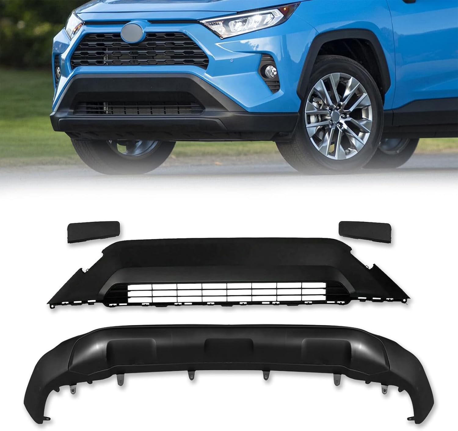 Bewild Front Bumper Lower Radiator Grille Grill + Valance Panel Set Fit for 2019 2020 2021 Toyota RAV4 LE XLE Front Lower Bumper Body Kit Replacement For TO1036203, TO1095213