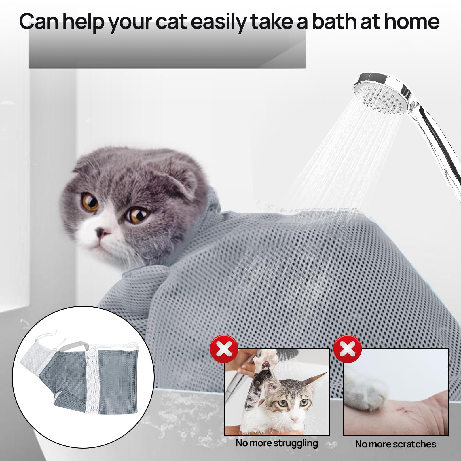 Adjustable Cat Bathing Bag, Cat Shower Bag, Cat Wash Bag, Puppy Dog Pet Cleaning Shower Net Bag, Cat Grooming Bag for Cat Bathing, Anti-Bite and Anti-Scratch Restraint Bag for Bathing Nail Trimming - Image 4