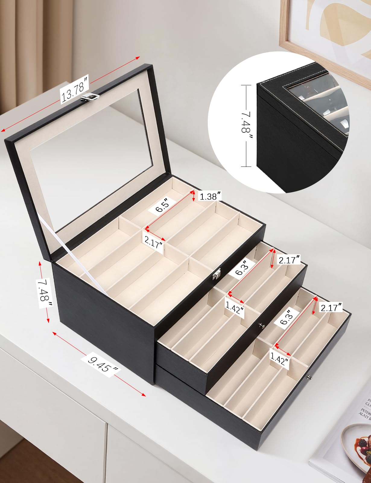 Sonnenbrillen-Aufbewahrungsbox mit 32 verstellbaren Schlitzen, 3-lagig, Multi-Brillenbox mit Deckel für Damen