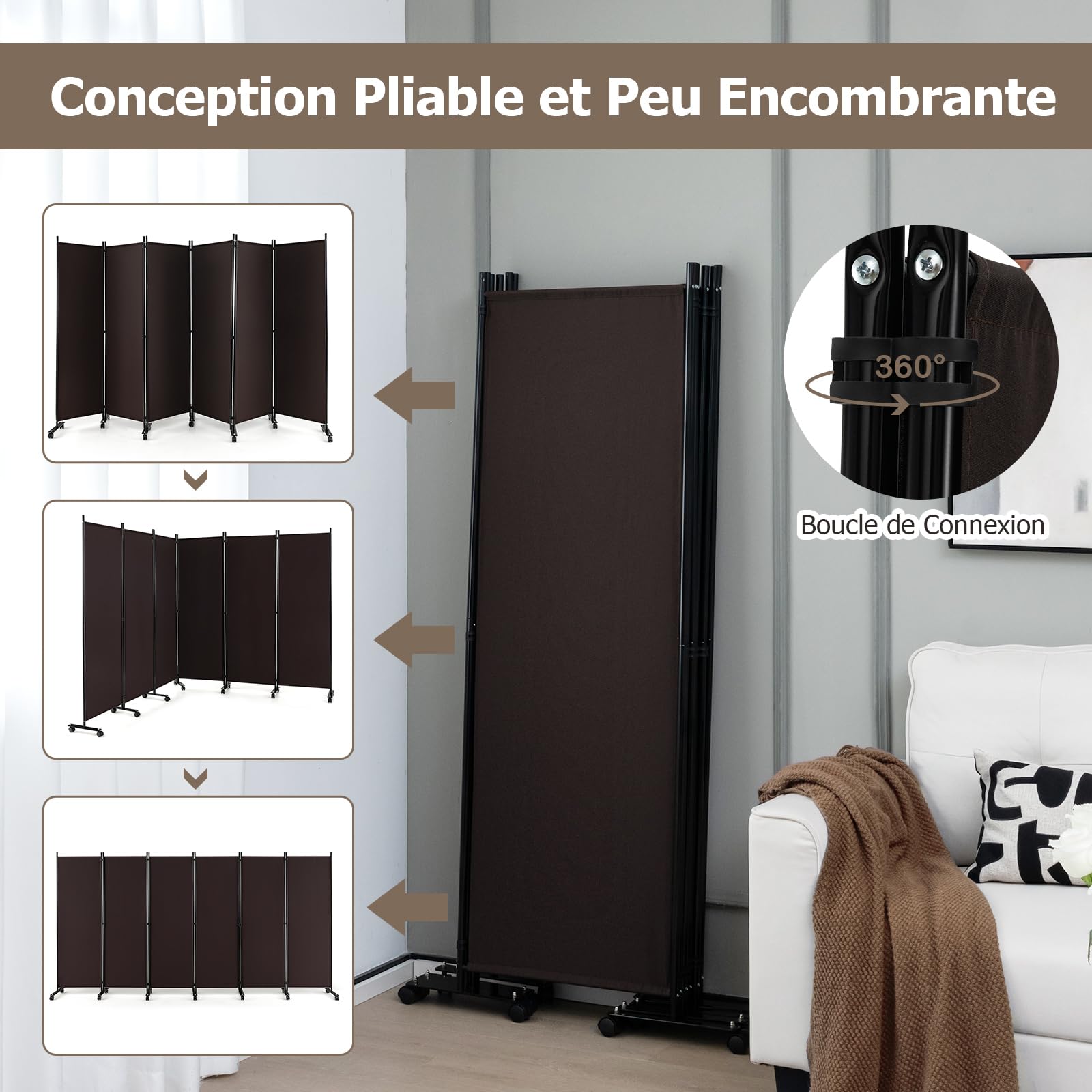 GIANTEX Paravent intérieur sur roulettes - 6 pièces - 334,5 x 172 cm - Paravent Pliable en Tissu - avec Pieds Larges -Protection privée (Marron)