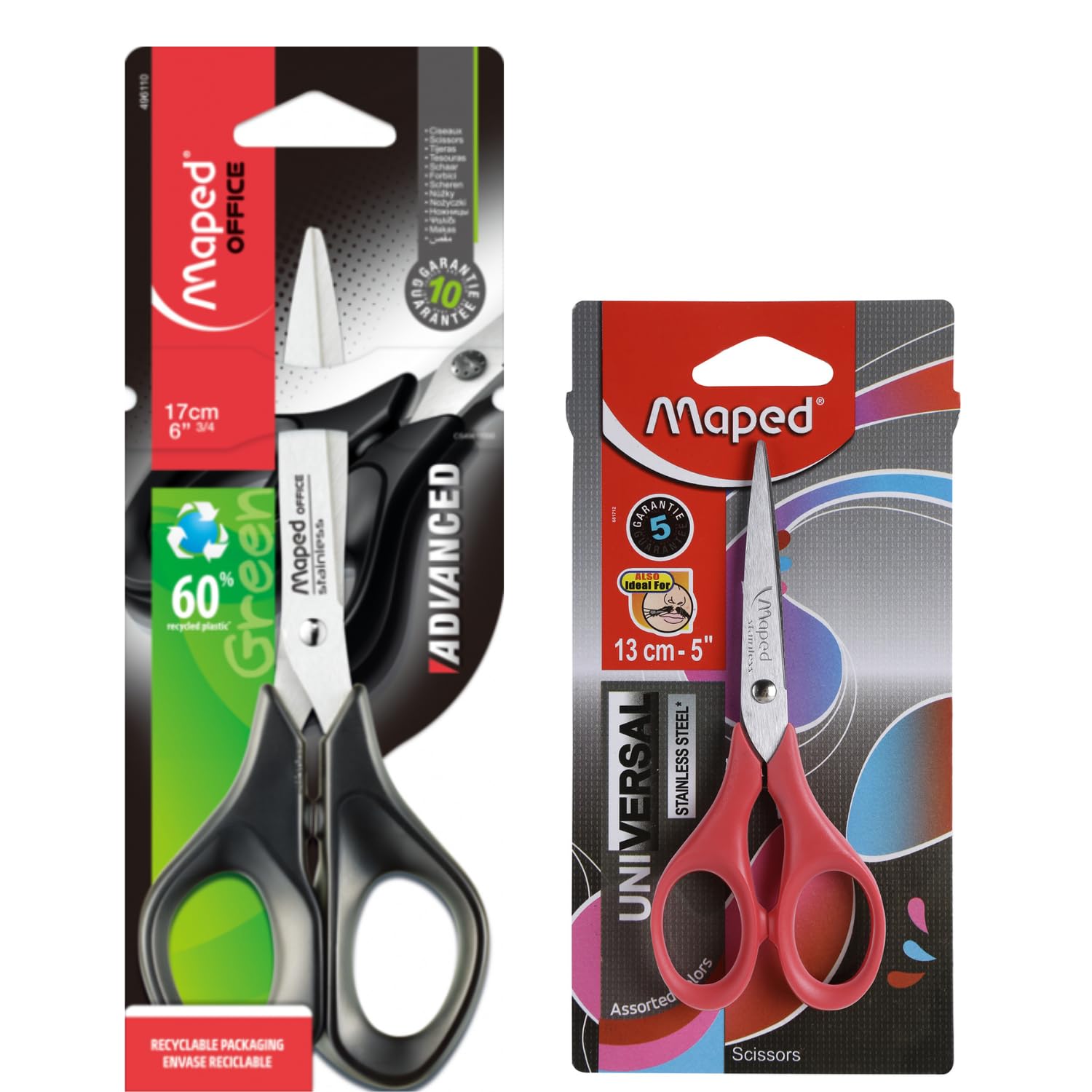 Maped Set di 2 forbici nere e rosse, 17 cm e 13 cm, ideali per uso domestico quotidiano, artigianato, lavoro in ufficio, comodi manici ergonomici
