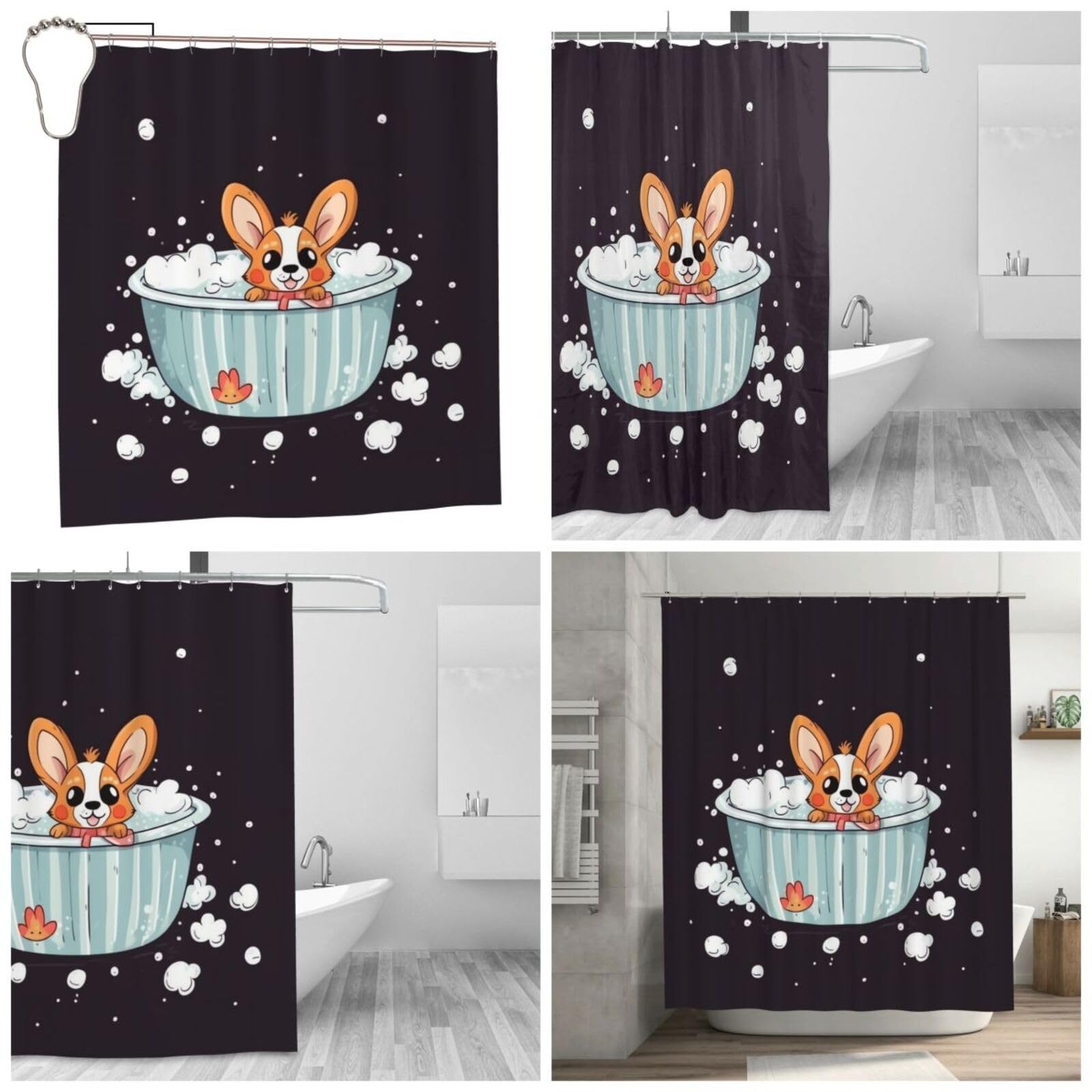 Rideau de douche Corgi anti-moisissure en tissu lavable 183 cm