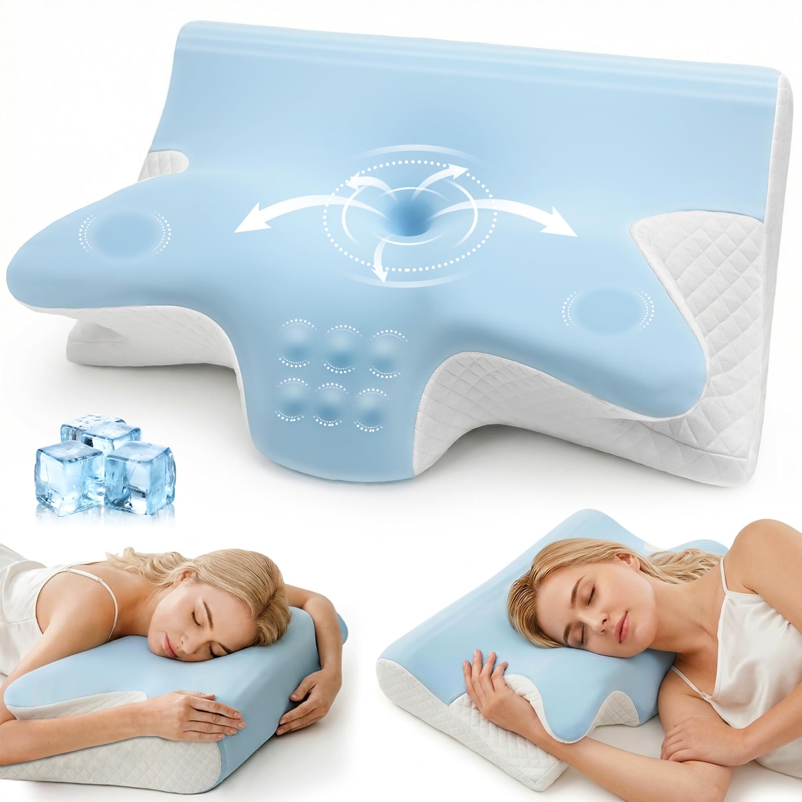 Almohada Cervical Ergonómica de Espuma Viscoelástica 2 en 1, Doble Altura Reversible – Ideal para Dormir de Lado, Boca Arriba y Boca Abajo, Confort Óptimo, 60x42x14/12 cm (Azul)