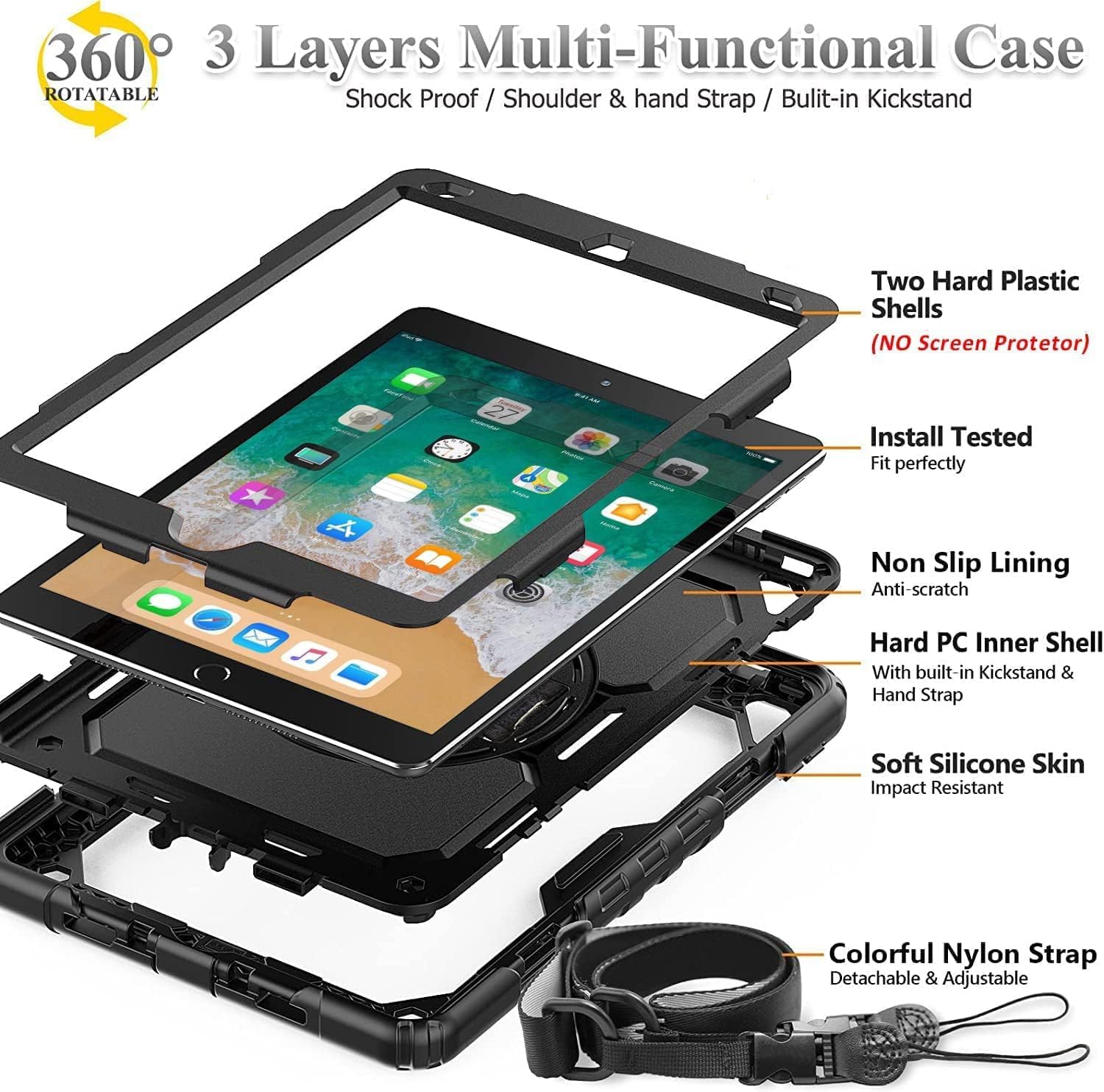 BMOUO Case for iPad 6th/5th Generation Case (9.7 inch, 2018/2017), 360°Rotating Stand, Hand/Shoulder Strap Shockproof iPad 9.7” Case for iPad Air 2, Black - Image 3