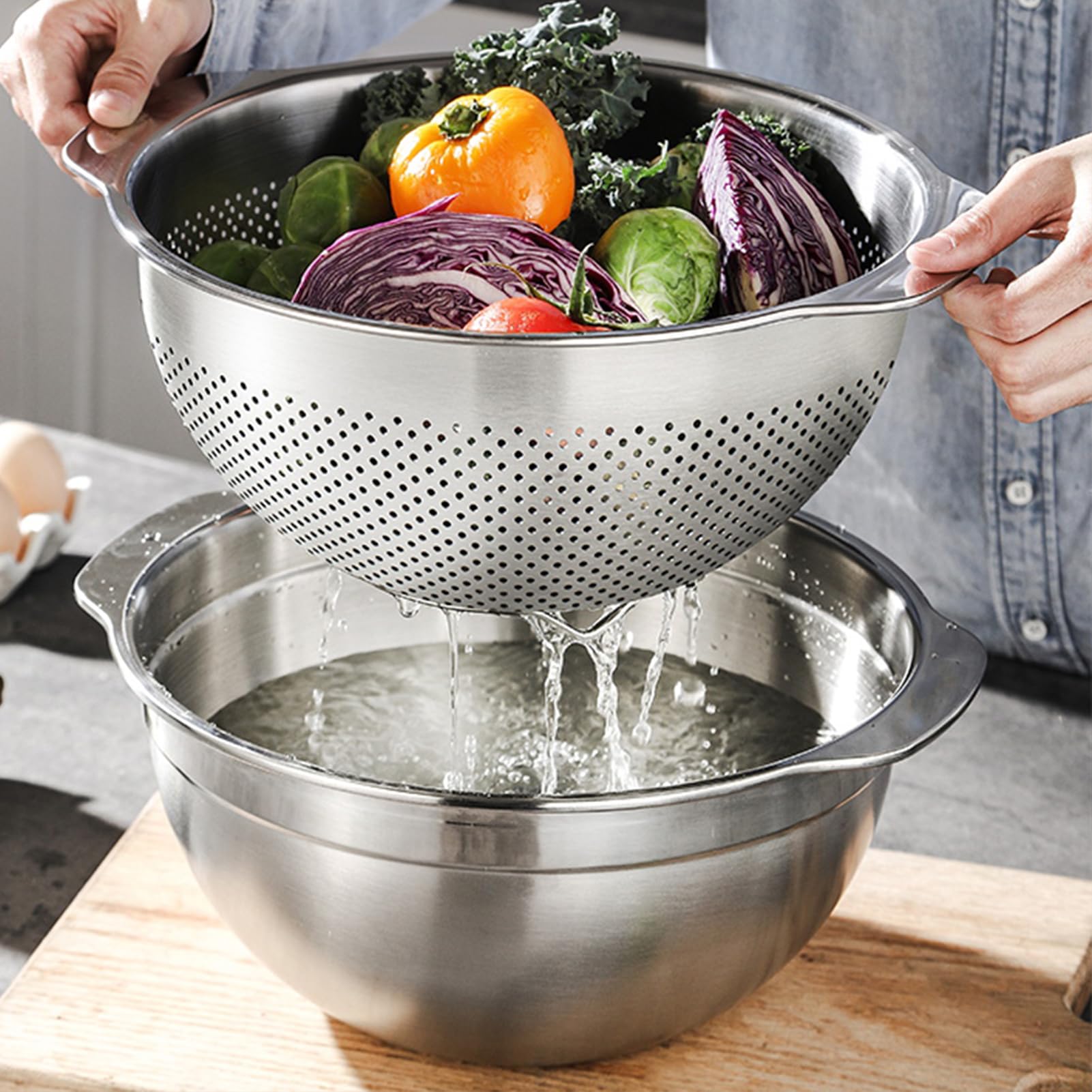 Microwell scolapasta in acciaio inox 18/8, grande capacità 3,5 qt, con manico, cestino per alimenti da cucina, per lavare verdure, frutta, riso e pasta (colore primario, 3,5 QT+ciotola da 3,5 QT)