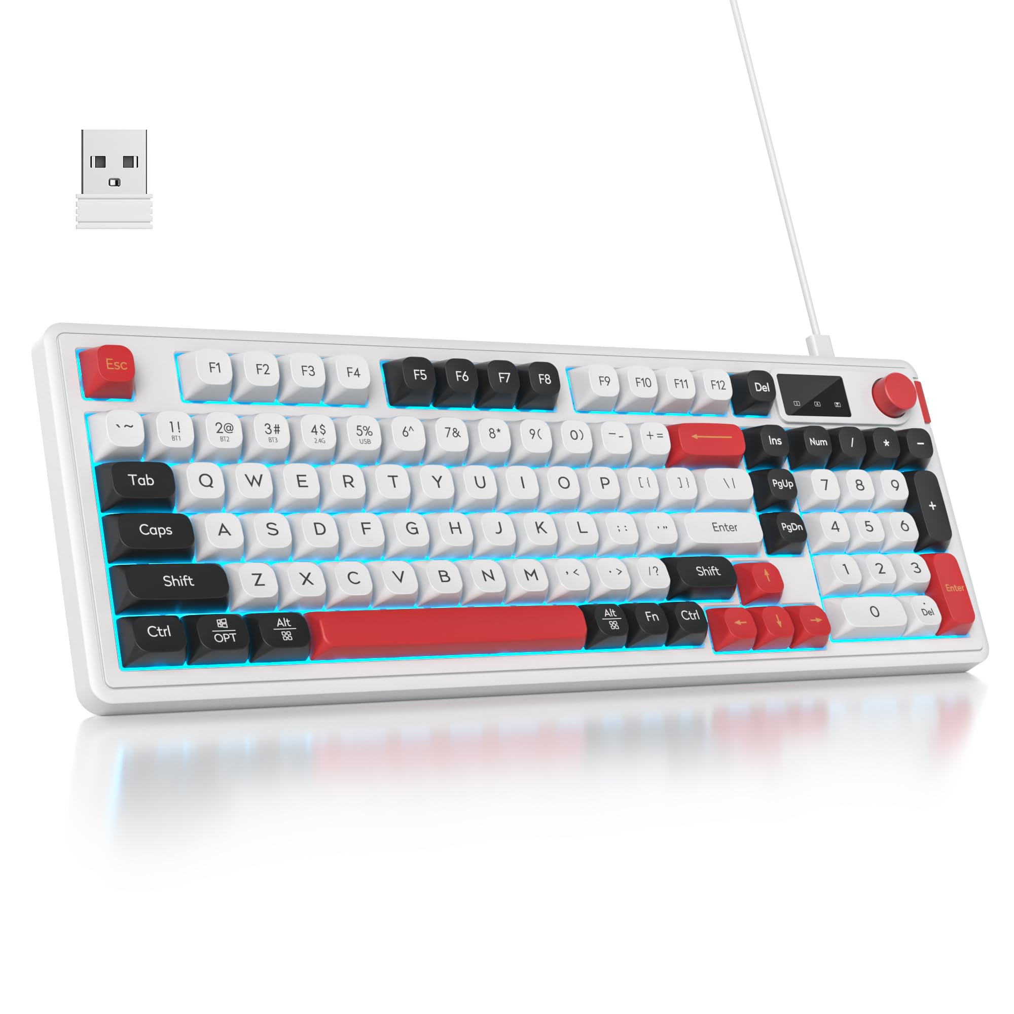 SbocKeeb Teclado Inalámbrico, 96% Teclado Silencioso Gaming Inalámbrico Retroiluminado, Diseño QWERTY Americano, Teclados Membrana RGB Cremoso Bluetooth/2.4G/USB con Numérico
