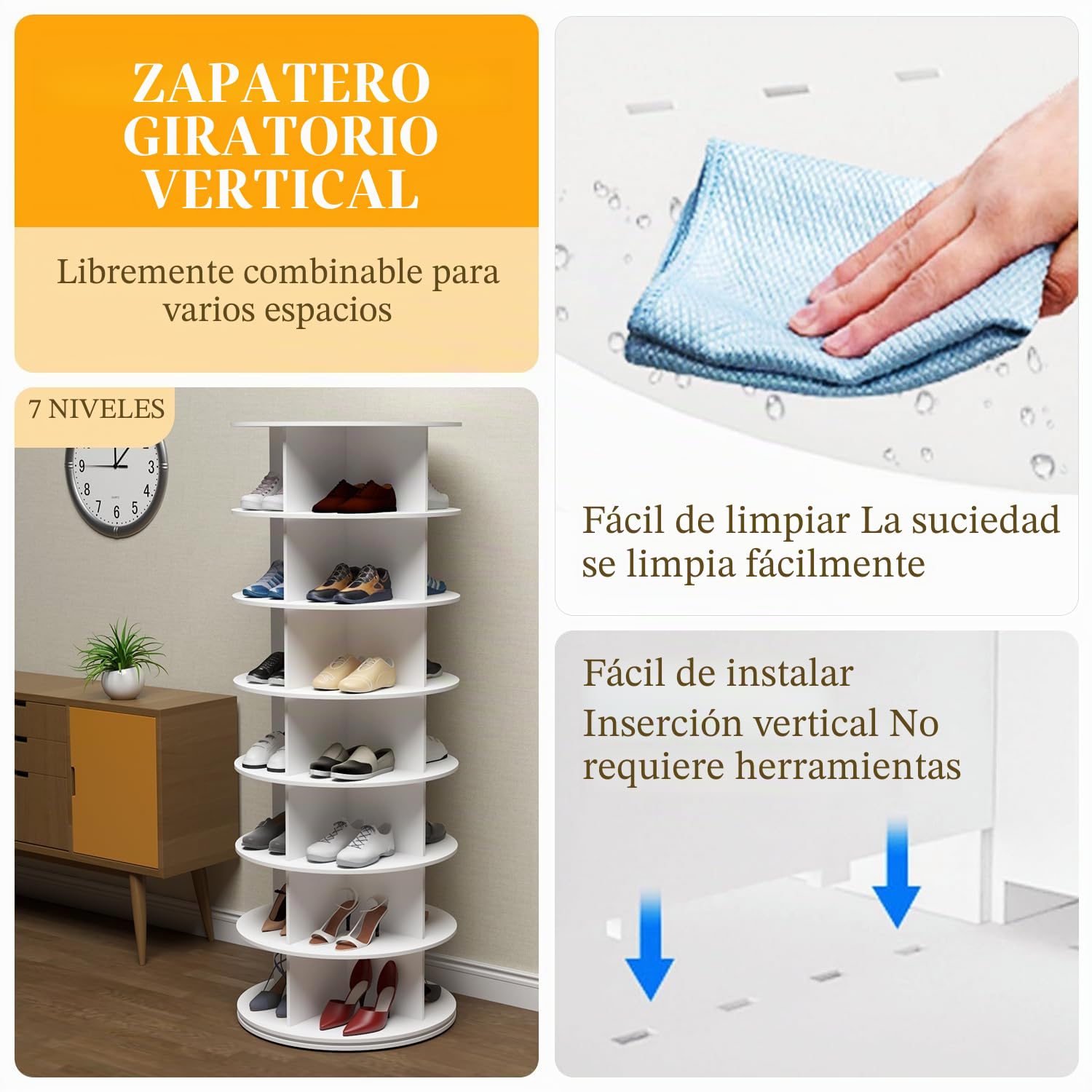 PTUWODS Zapatero giratorio, 360 grados, organizador de zapatos, carrusel redondo, bolso vertical, organizador de zapatero (blanco, 7 niveles)