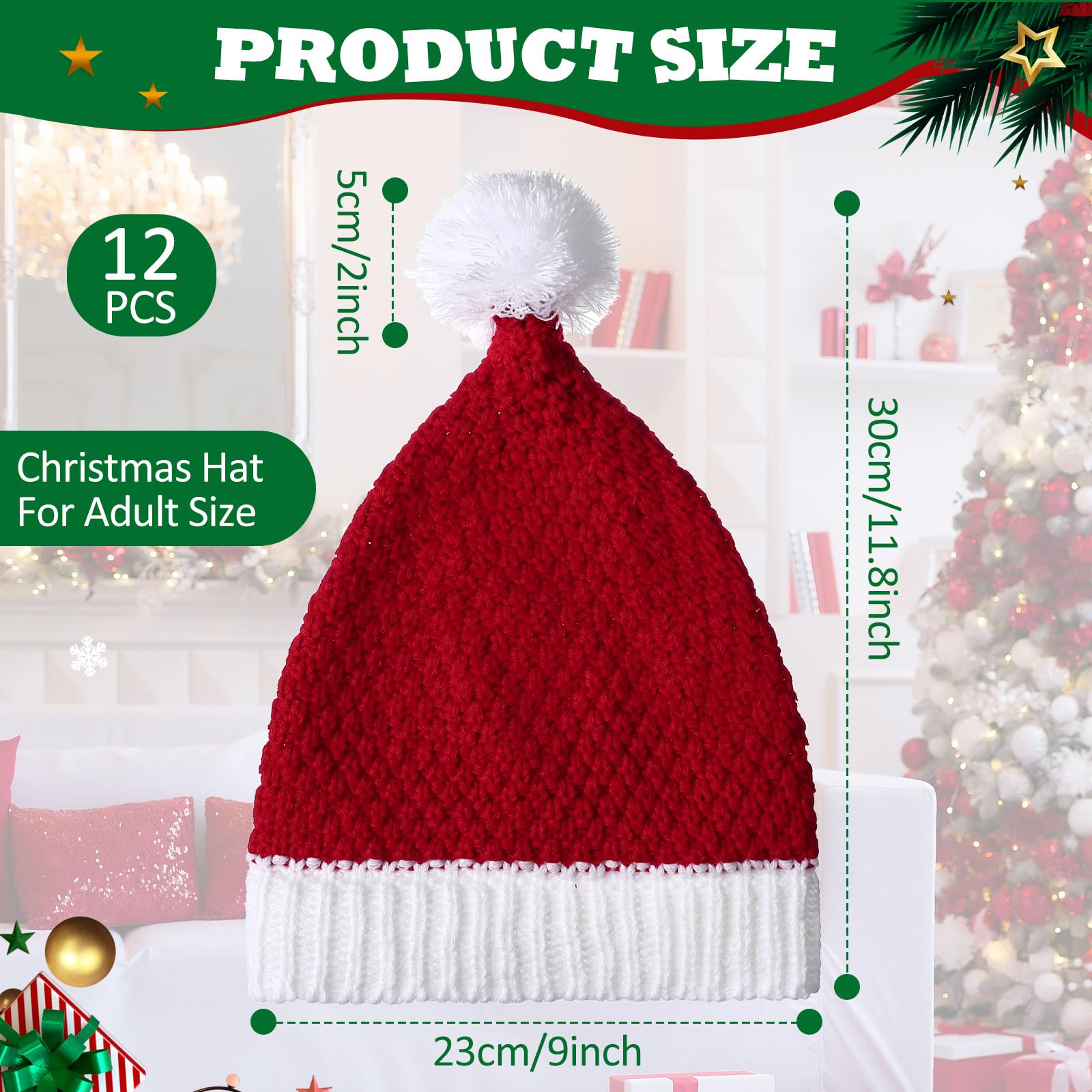 Liitrsh 12 Stück gestrickte Weihnachtsmannmützen, Großpackung, Wintermützen, weich und warm, für Erwachsene, Teenager, Damen, Herren, Urlaubsgeschenk, Weihnachtsfeier, Rot und Weiß