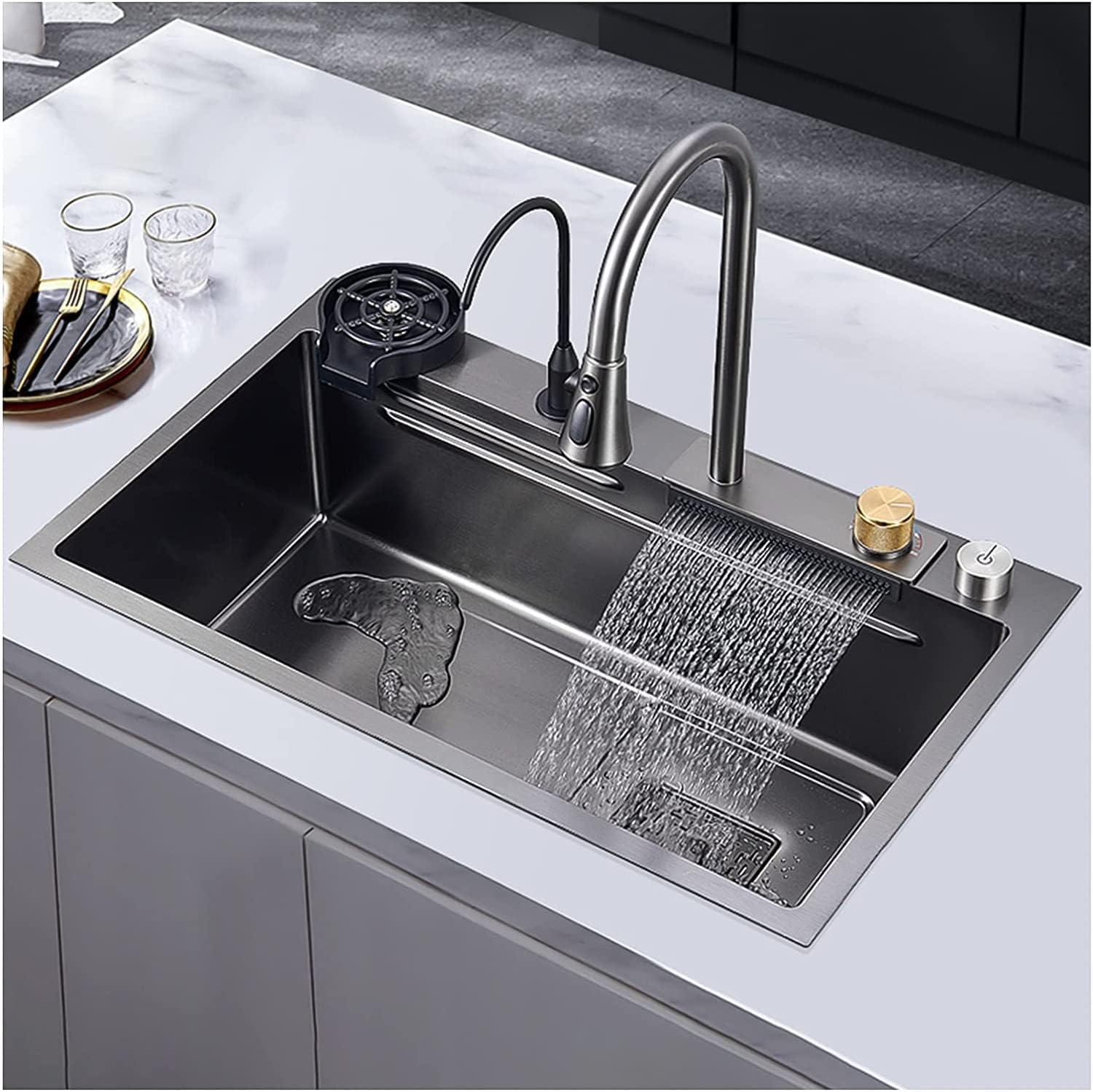 Kitchen Sink,New Stainless Steel Waterfall Sink,Bar Sink, 304 Stainless Steel Sink, with Cup Washer Sinks, Drop-in Or Undermount Installation