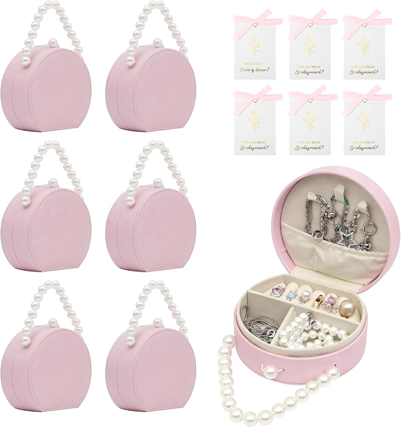6 Pack Bridesmaid Proposal Gifts Set, Bulk Jewelry Boxes with 6 Cards, Small Travel Jewelry Case Organizer, PU Leather Mini Pearl Handle, Jewelry Box Travel Holder for Wedding Party (Pink)