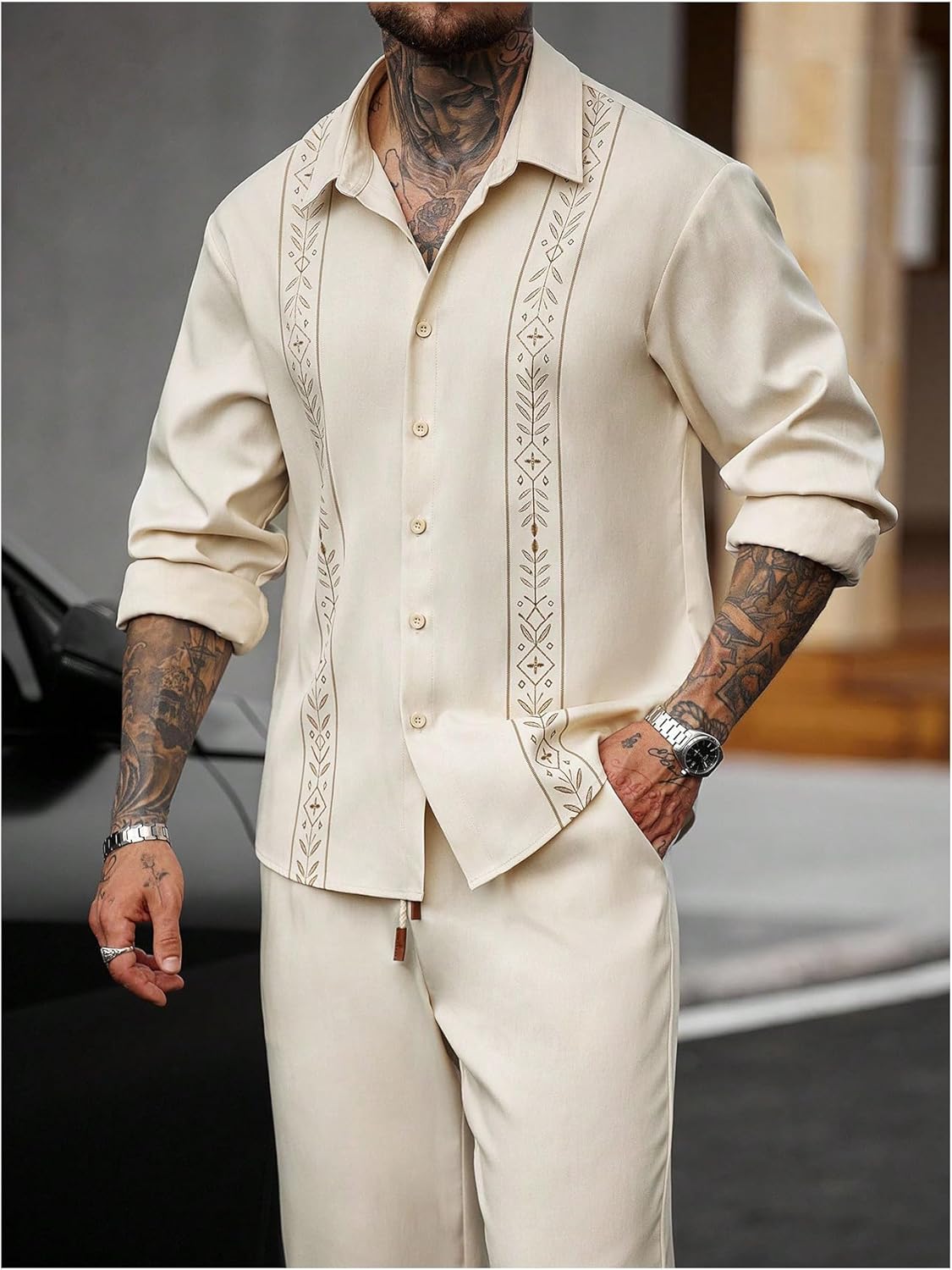 SOLY HUX Men's 2 Piece Going Out Outfits Printed Long Sleeve Button Down Shirts and Drawstring Pants Set