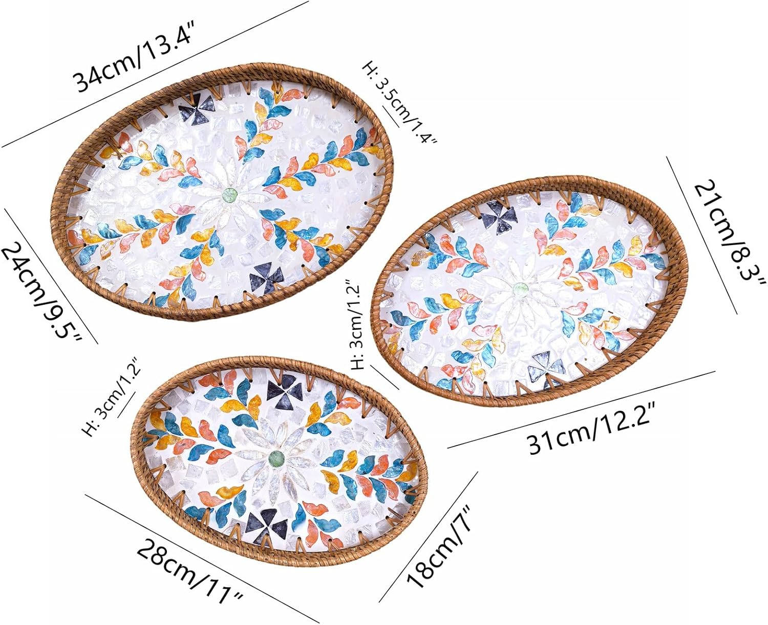i-lan 3-Pack Oval Rattan Serving Trays with Mother of Pearl Inlay, 13/12/11 Inch Woven Platters for Home Decor, Coffee Table, Display, and Entertaining - Image 2