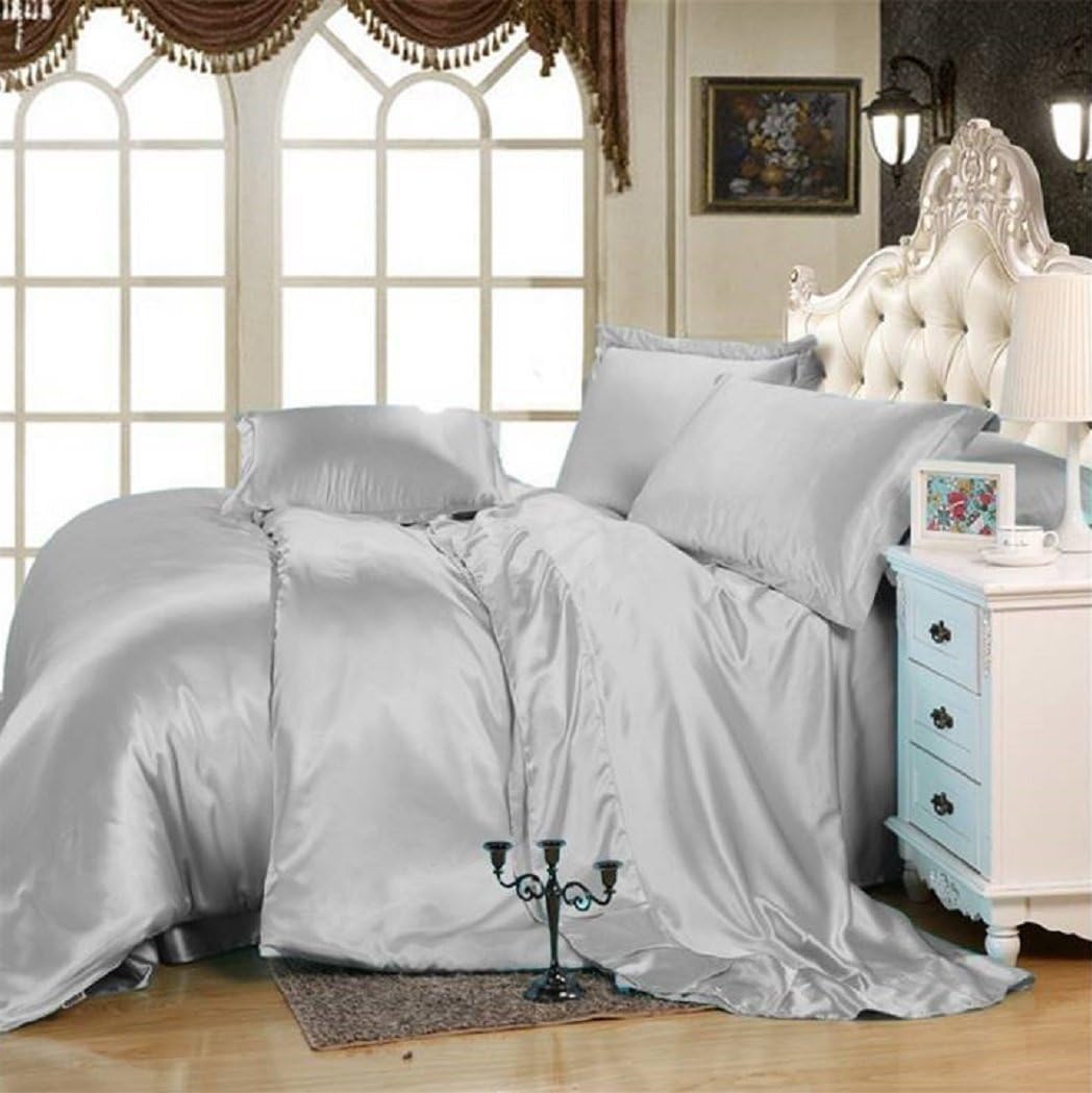 Luxurious Ultra Soft Silky Satin 4-Piece Bed Fitted with Duvet Set Queen, Black