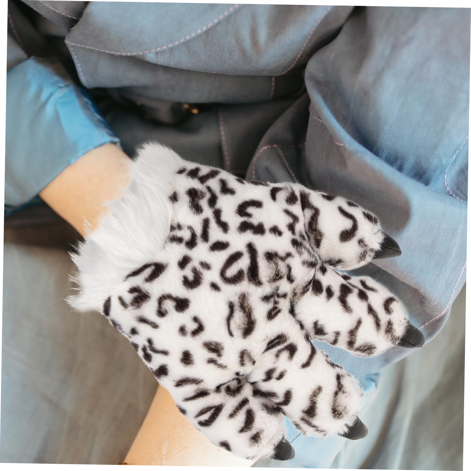 COLLBATH Cozy Plush Snow Leopard Paw Gloves for Cosplay Furry Halloween Costume Accessories