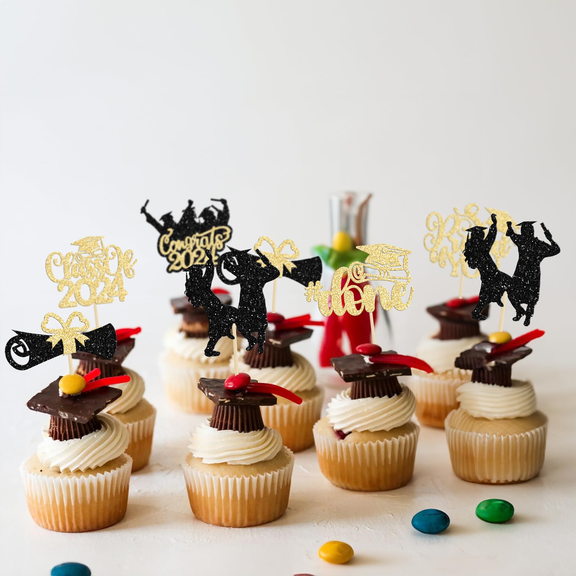 Gyufise 24Pcs 2026 Graduation Theme Cupcake Toppers Glitter Diploma Graduation Cap Cupcake Picks Done Class of 2026 Cake Decorations for 2026 Graduation Theme Party Supplies Gold - Image 4