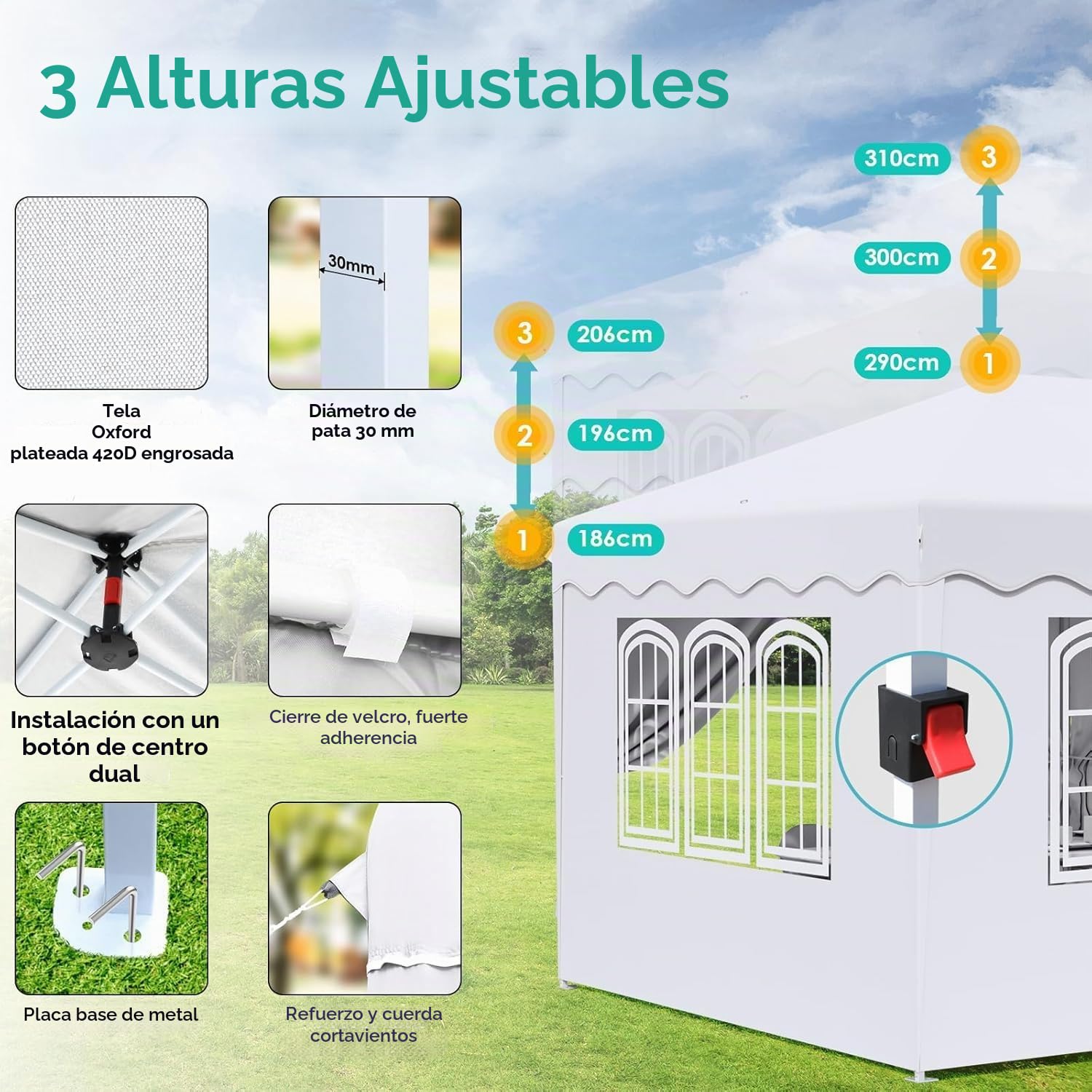 Carpa Plegable Pop-up 3x6M,Gazebo 3x6 con un Solo Empuje, Impermeable Pabellón de jardín con 6 Paneles Laterales, Tienda de campaña para Fiestas al Aire Libre, para Festival/Camping/Mercado, Blanco