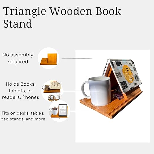 Vista 5 de Soporte triangular de madera para libros montado listo para regalar 4 en 1 Soporte para tableta/dispositivo con portavasos Accesorios únicos