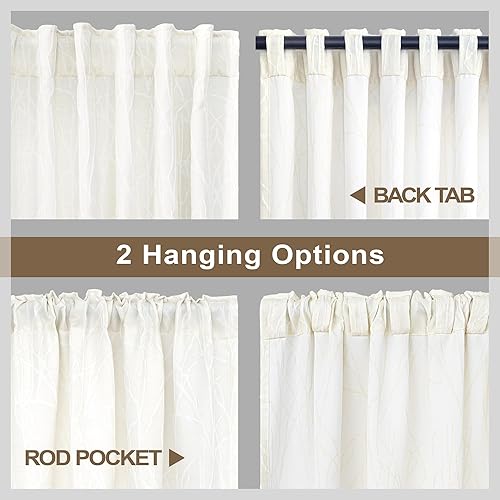 Miniatura 4 de Pitalk Cortinas marfil de 63 pulgadas de largo para dormitorio, juego de 2 paneles con bolsillo con pestaña trasera, estampado de ramas de árbol de