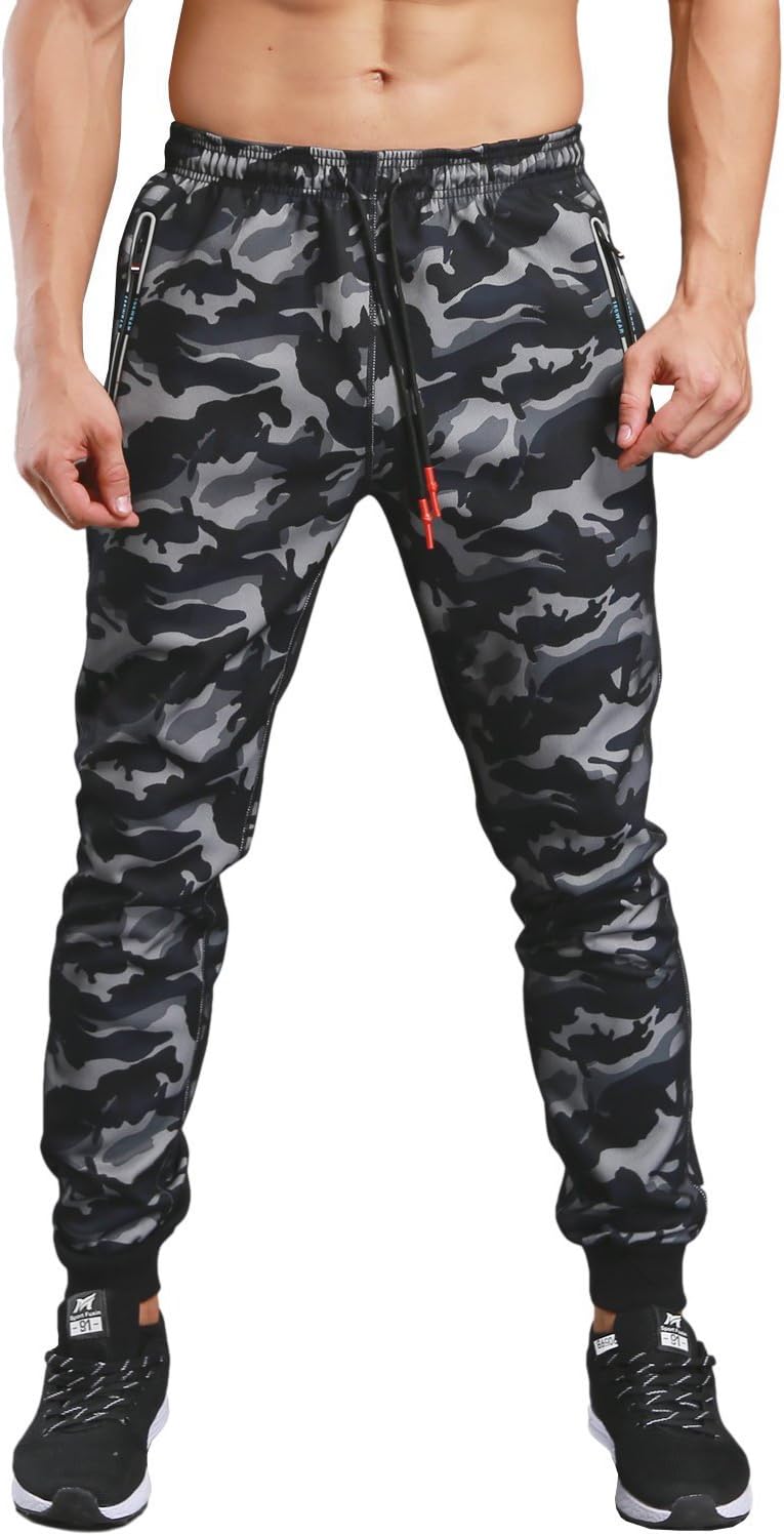 KaiDi Mens Joggers Sport Pants Drawstring Casual Track Pants with Zipper Pockets (0# Black, L)