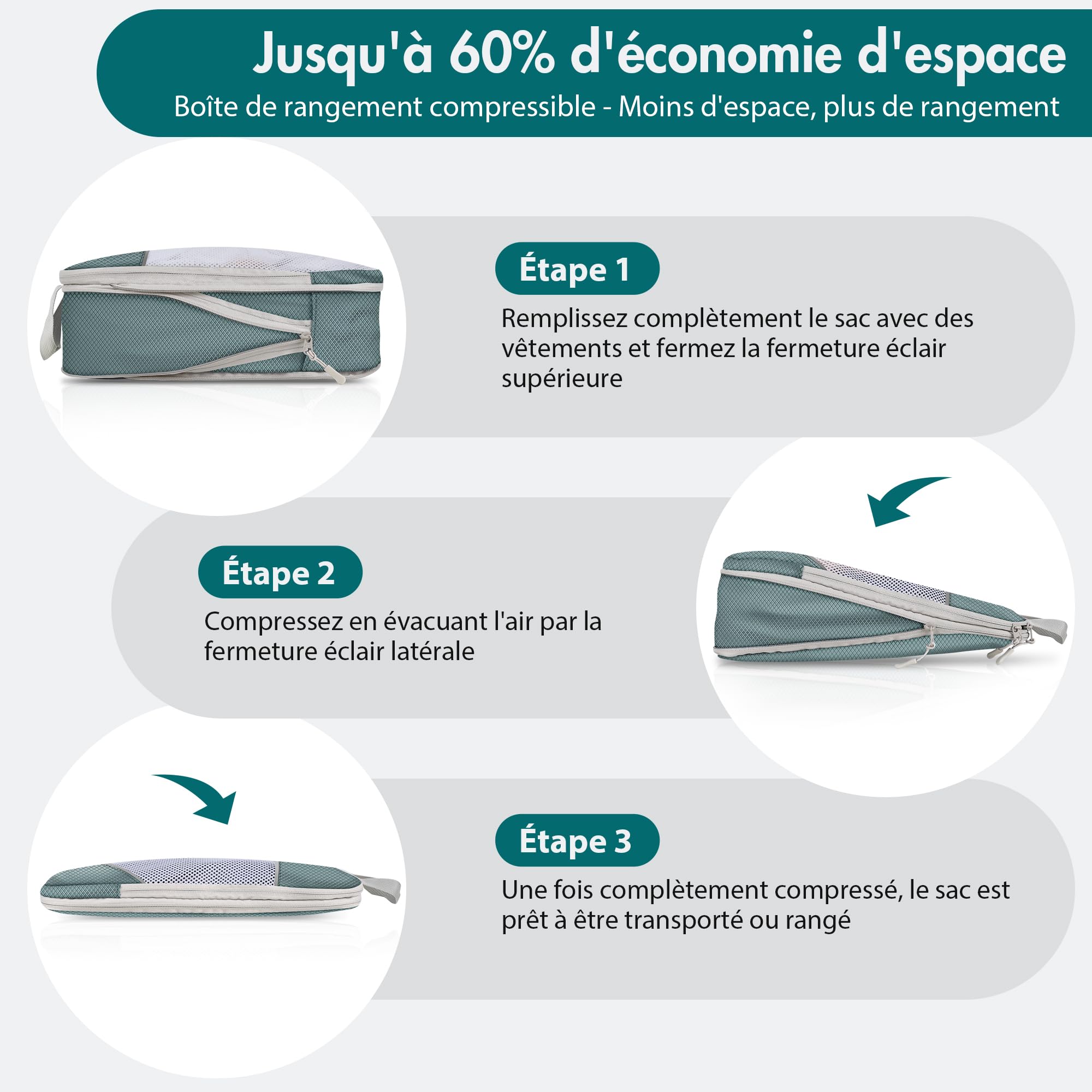 Lot de 10 Organisateurs de Valise à Compression, Packing Cubes Compression Gris, Pochettes de Rangement Voyage en Maille, Cubes de Bagage Multi-Tailles avec Sacs à Chaussures et Accessoires