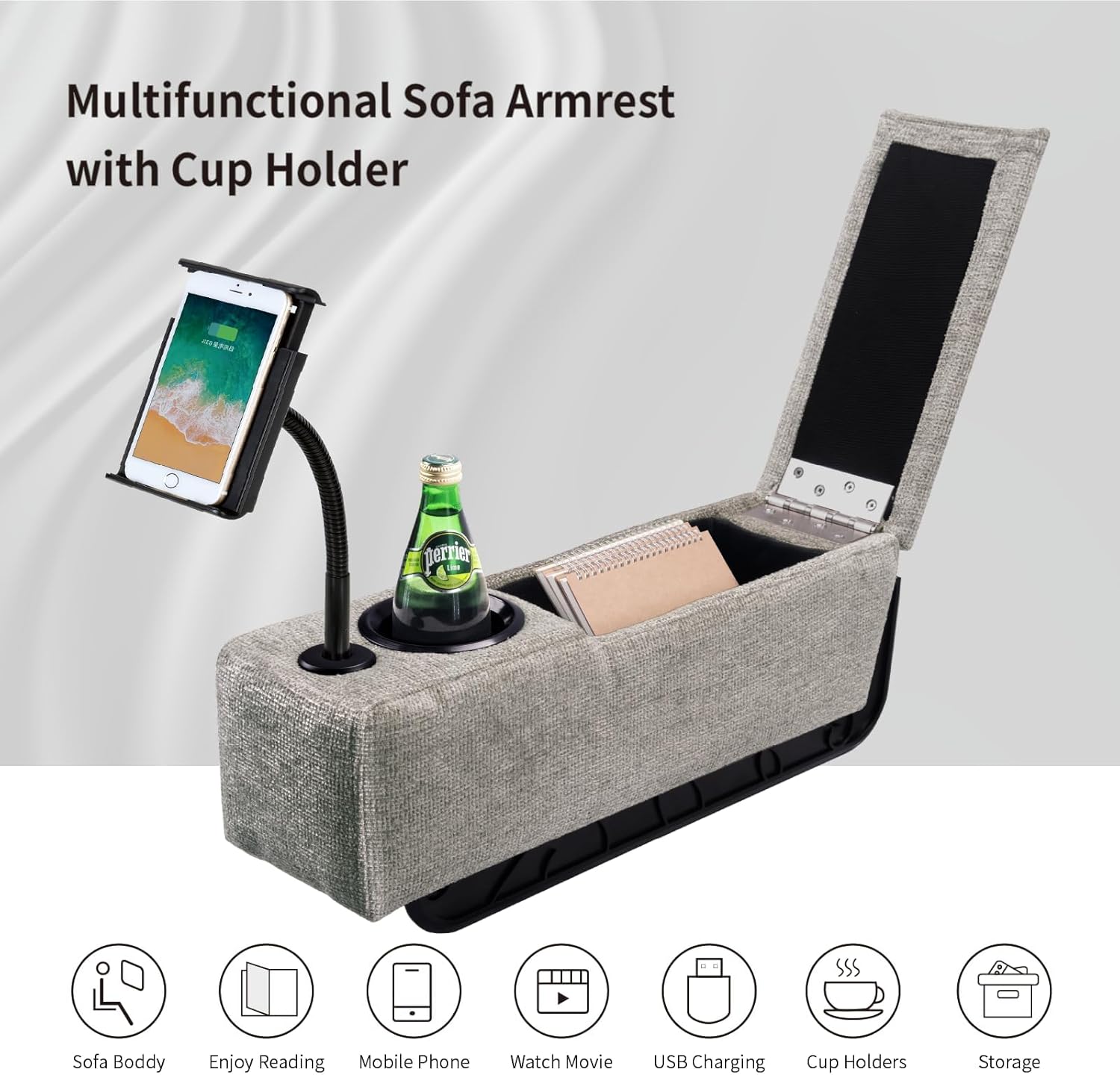 Multifunctional Sofa Armrest, Couch Armrest with Wireless Charge Stand, Removable Couch Caddy with Storage,Including LED Reading Light - Image 6