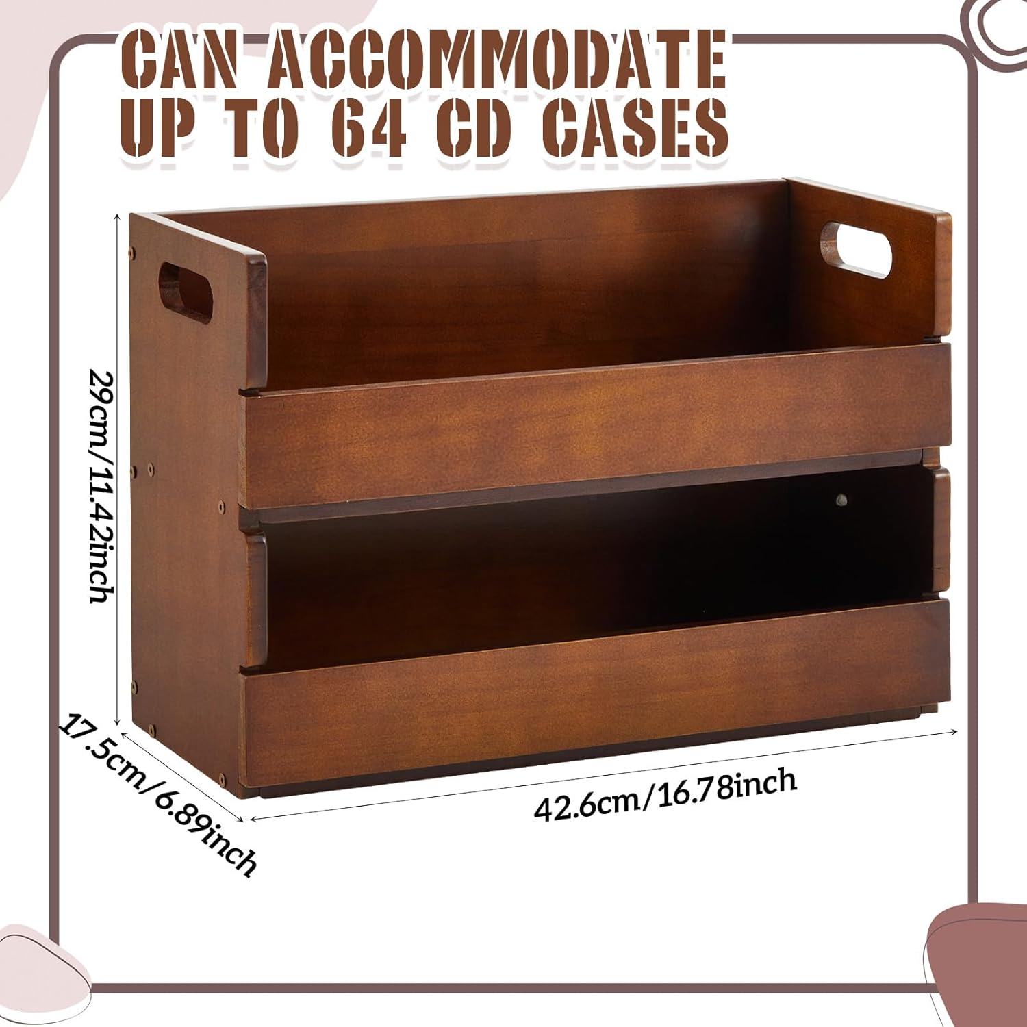2-Tier Wooden CD Storage Box Holder Shelf Tape Display Racks with Carrying Handles, Organizer Shelf for Movie Cases, DVDs, Can Store up to 72 Pcs CDs(Classic,Brown)