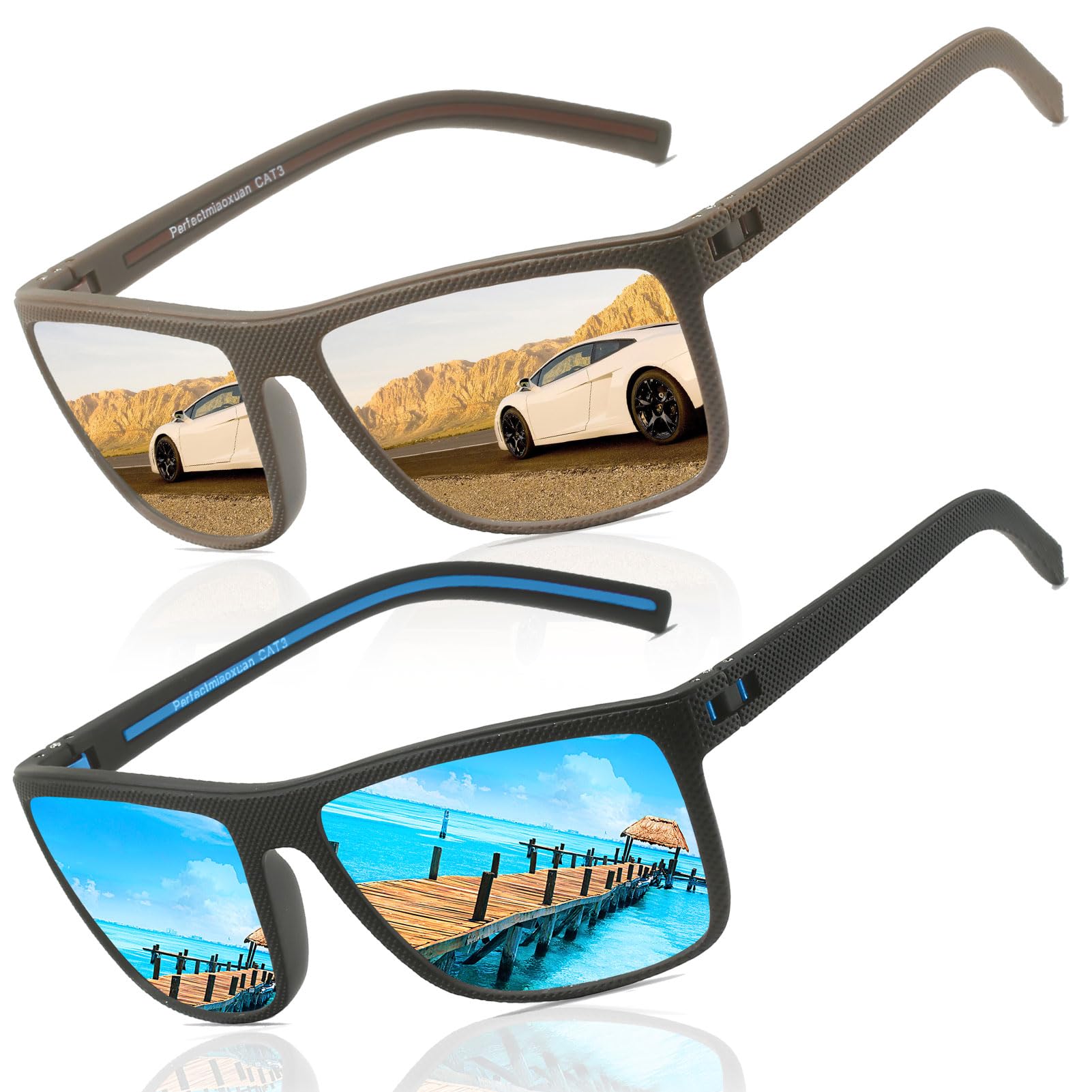 Perfectmiaoxuan Occhiali da sole Polarizzati per uomo donna Guidare la Pesca all'aperto Montatura infrangibile Occhiali Quadrata TR90 Montatura Leggero Protezione UV400 Sunglasses