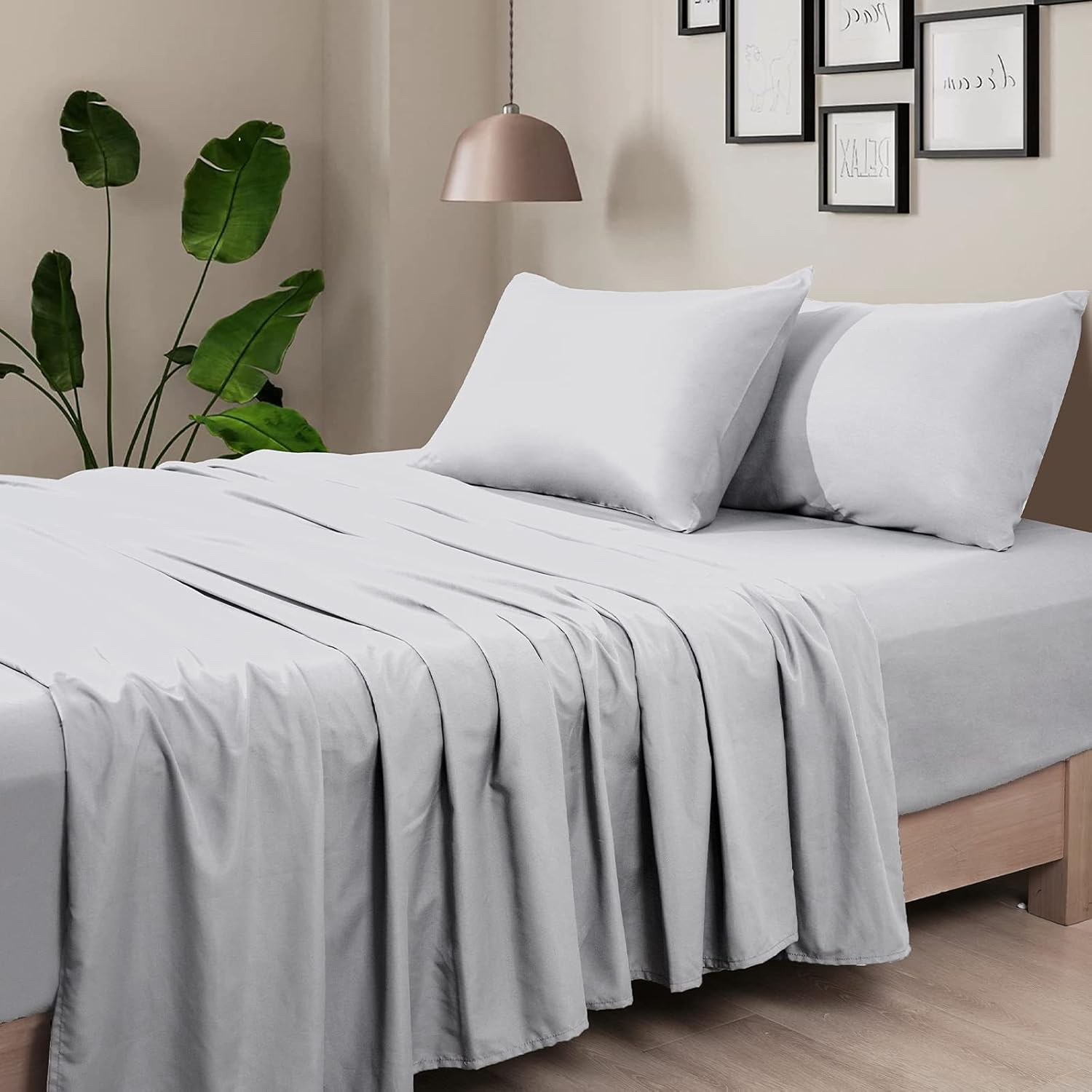 PHF Super Soft Microfiber Bed Sheet Sets Queen, 4pcs Silky Smooth Breathable Comy Sheets and Pillowcases Bedding Sets, Light Grey : Home & Kitchen