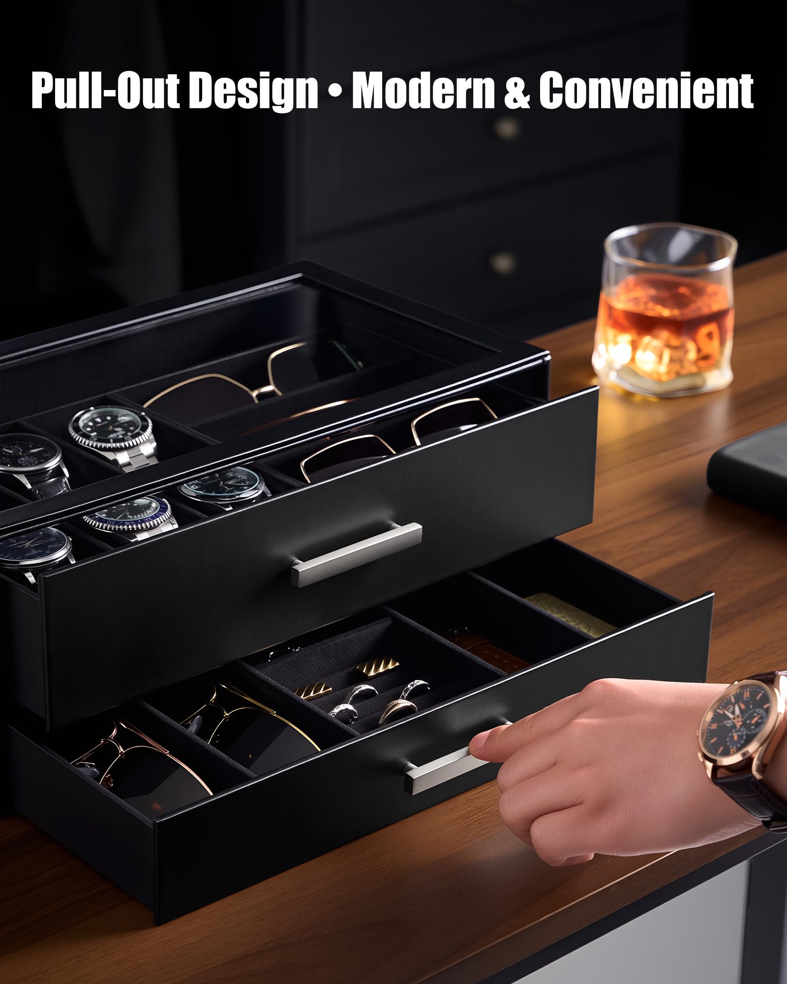 ProCase Caja para Relojes, Estuche para Relojes, Organizador de Joyas para Hombre, Almacenamiento de Joyas con Tapa de Cristal Transparente, 2 Niveles, Almacenamiento para Relojes, Gafas -Negro
