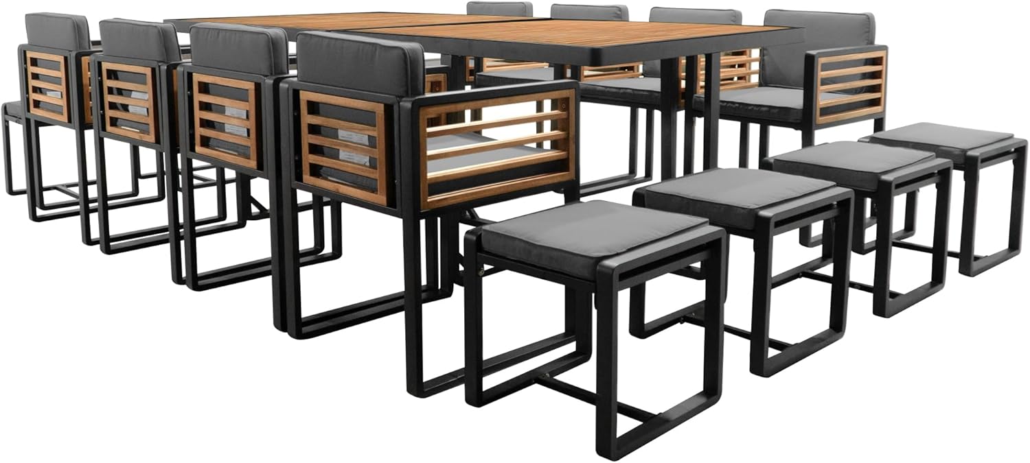 18-Pieces Acacia Wood Patio Dining Set,Outdoor Patio Set with 8 Cushioned Chairs & 8 Ottomans & 2 Square Table,for Lawn Backyard Garden Deck Poolside (Gray#E)