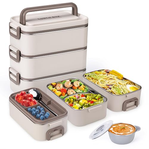 Reabulun Bento Box Adult Lunch Box Stackable 3 Layer 304 Stainless Steel Lunch Box 3L
