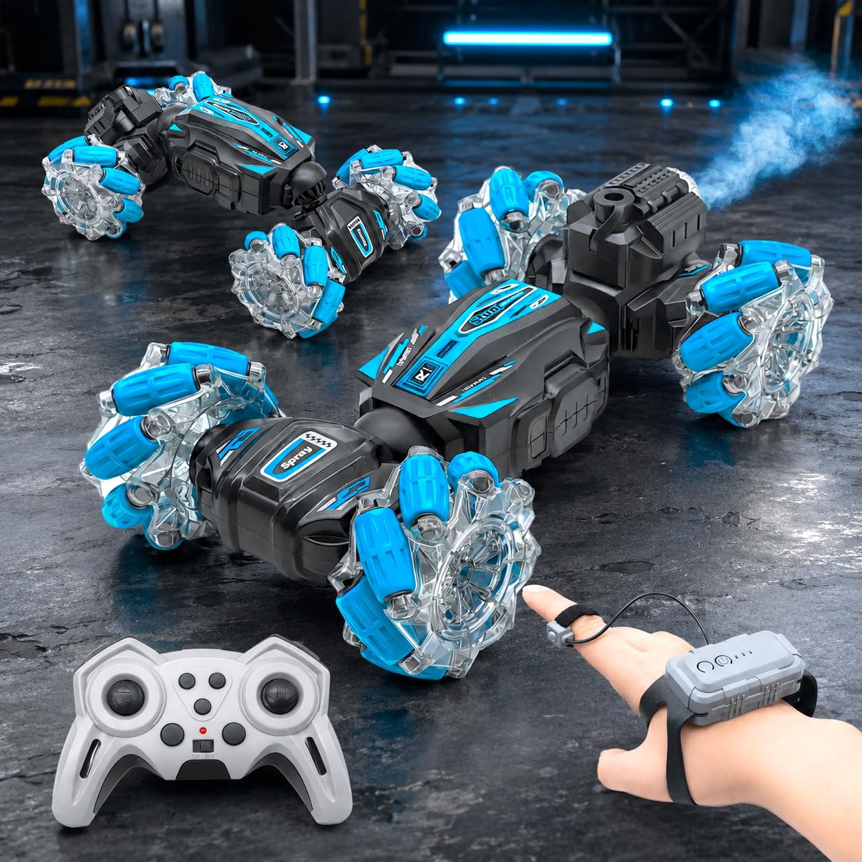 VGRASSP Dual Control Twisting Drift Stunt Mist Car Toy for Kids with Remote Control and Gesture Wrist Controller - Rechargeable 360° Rotating Smoke Car Toy with LED Lights, Sound Effects - Blue-image-43