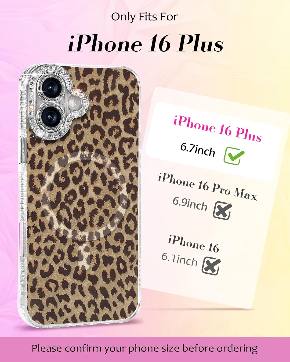 Toycamp for iPhone 16 Plus Case - Compatible with Magsafe Aesthetic Cute Brown Leopard Laser Holographic i 16 Plus Case with Diamond Bling Lens Protector for Apple 16 Plus Cover for Women Girls - Image 2