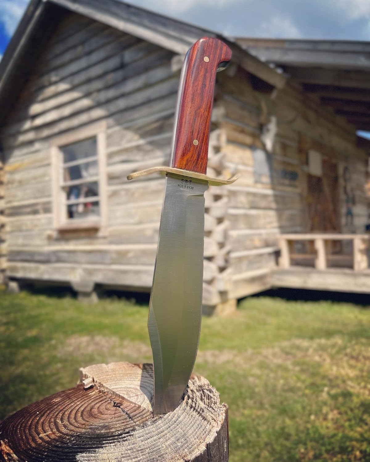 Bear & Son Durable Gold Rush Bowie Knife – 14.75" Full Tang Fixed Blade with Sandvik 12C27M Stainless Steel, Cocobolo Wood Handle, Brass Guard & Leather Sheath for Hunting, Survival & Outdoor Use