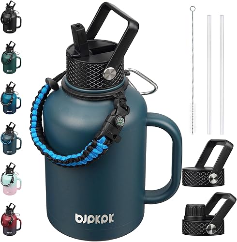 Miniatura 36 de BJPKPK Botella de agua de 1 galón aislada con tapa con pajita, 50oz, 64oz, 87oz, 128oz grande, botellas de agua de acero inoxidable con 3 tapas y