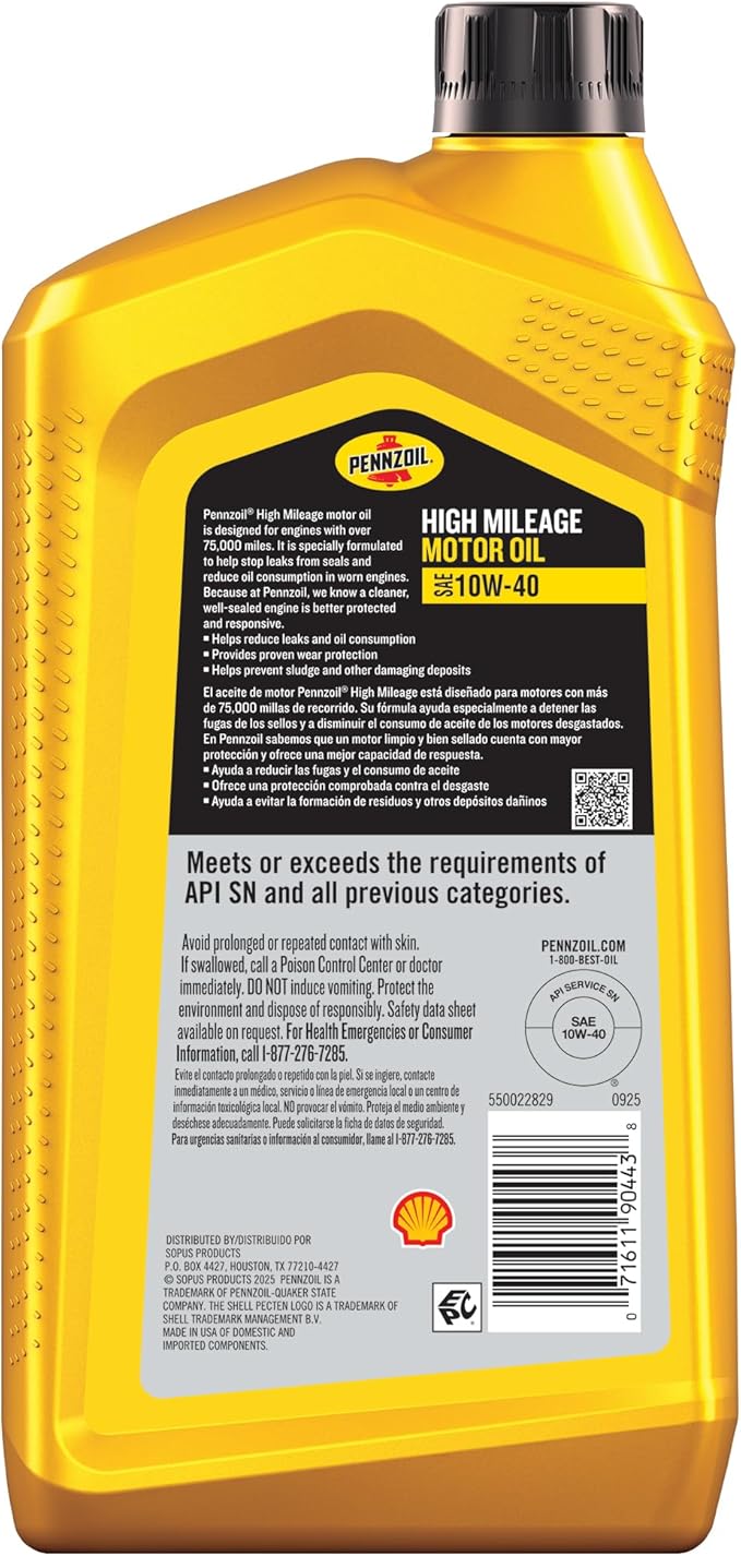 Pennzoil High Mileage 10W-40 Aceite de Motor, 1 Cuarto (6 Unidades) miniatura 2