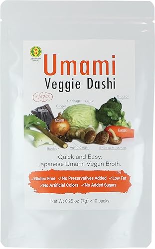 Kinjirushi Umami Veggie Dashi - Caldo de sopa de 2.47 onzas, (0.25 oz x 10 piezas) vegano, sin gluten, sabroso, shiitake, jengibre, japonés, sopa de