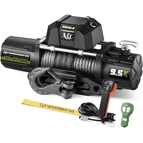Tyrannosaurus 9500 lb. Load Capacity Powerful Winch, 12V DC Permanent with Synthetic Rope, Wireless Remote/Pendant Controller, for SUV, Wrangler, Trucks