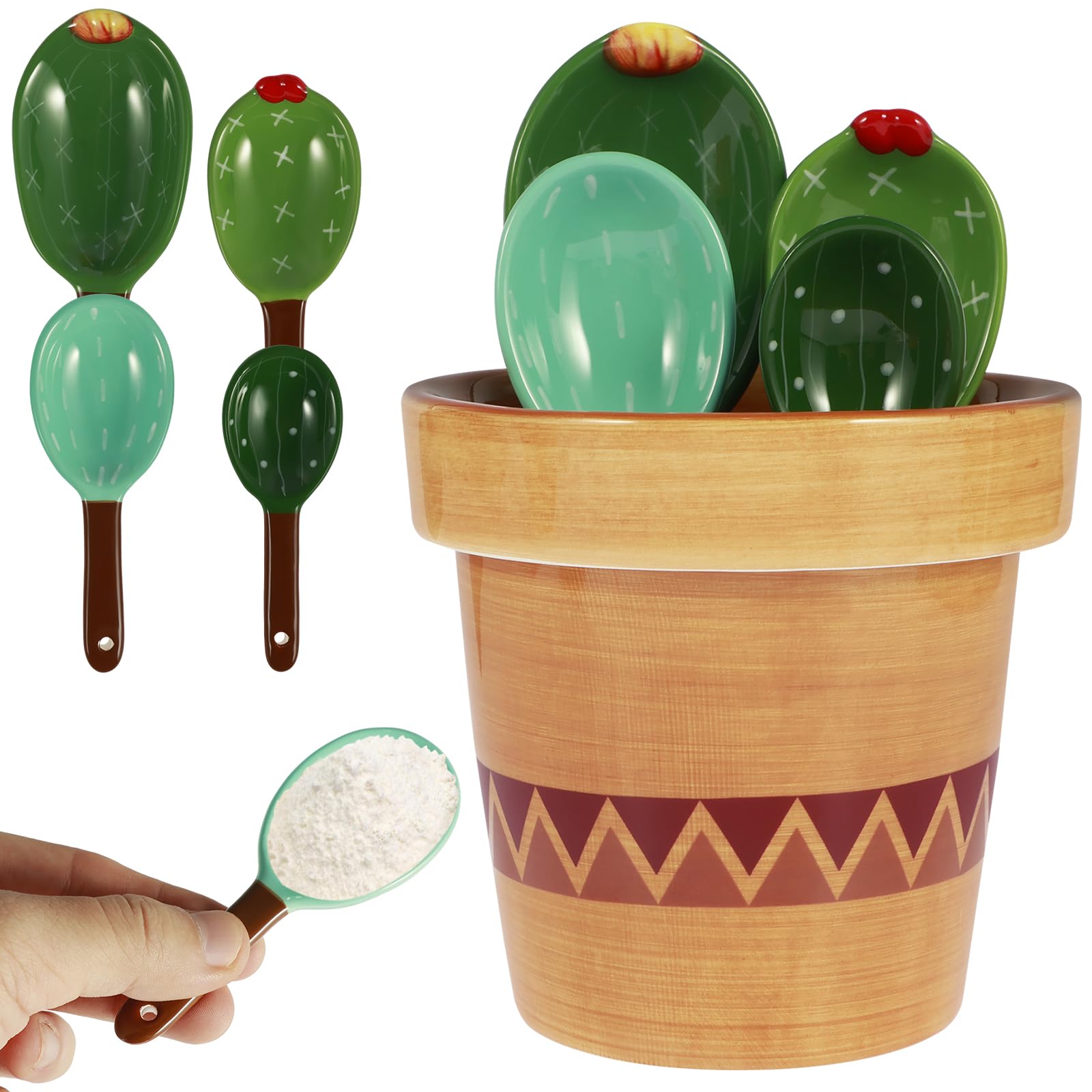 5PCS Ceramic Cactus Measuring Spoons Set in Pot Organizer,Ceramic Cactus Set,Polygon Measuring Spoon,Cute Measuring Cups and Spoons Set for Kitchen,Dry,Wet Measurement,Liquid (Wavy Pattern)