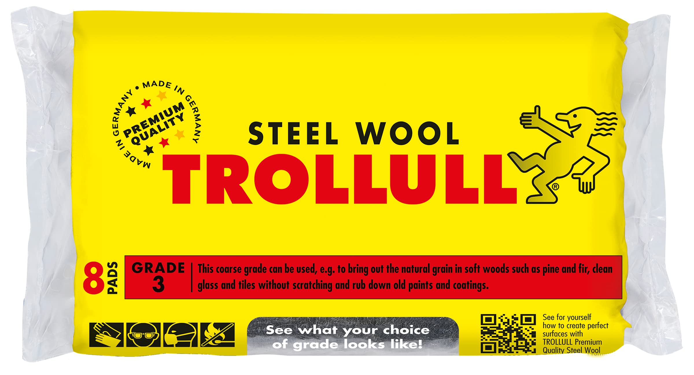 TROLLULL Steel Wool | Wire Wool coarse 3 enhances the natural grain of wood, cleans glass, roughens old varnish or paint, 8 pads 200g