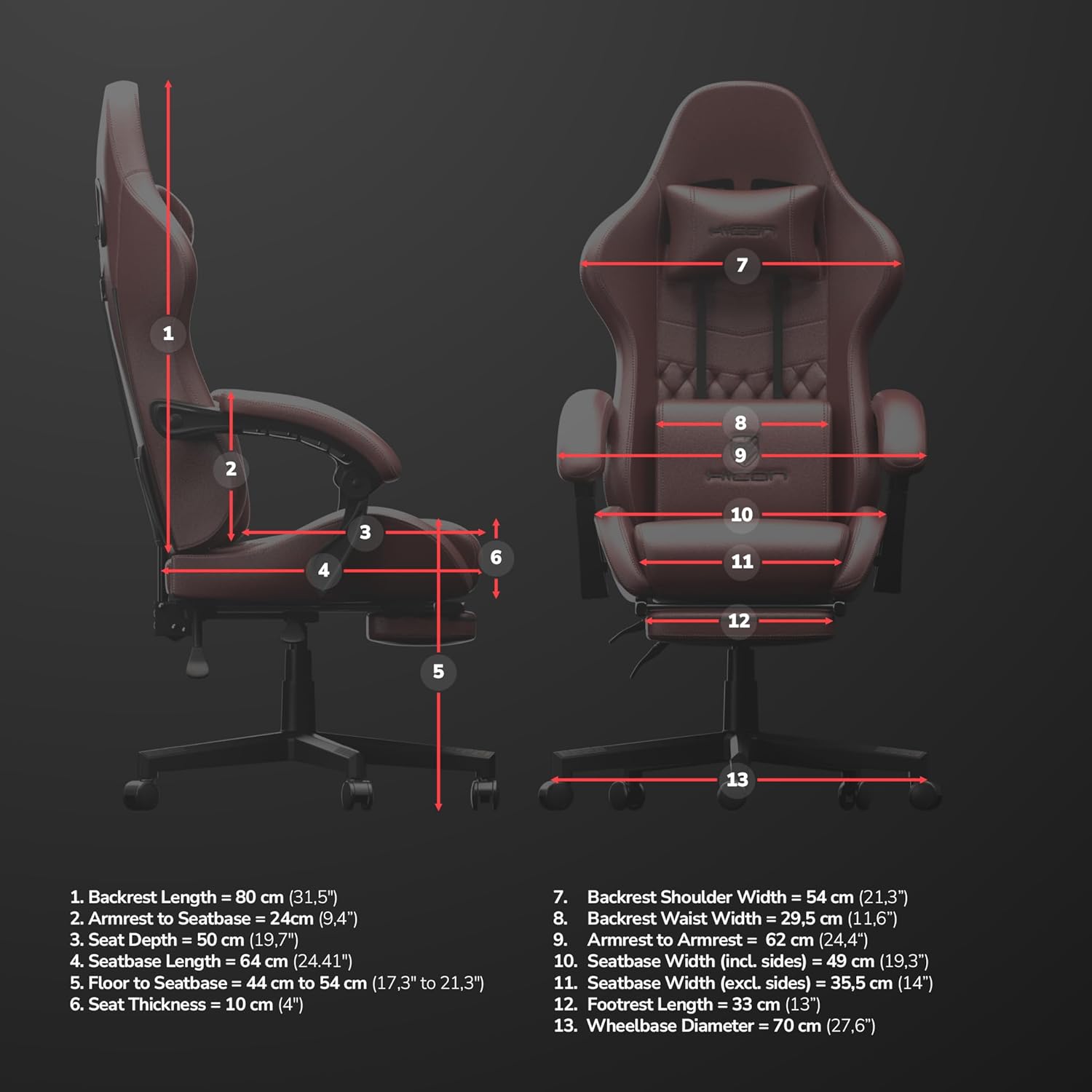 Diagram with detailed dimensions of the HICON Vittoria Gaming Chair