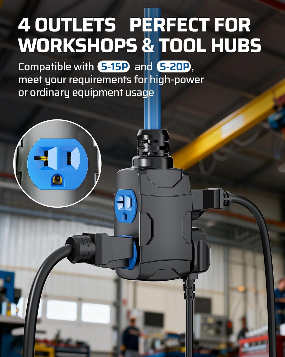 DEWENWILS 20 Amp Retractable Extension Cord Reel 40FT, Blue | 10AWG SJTOW Heavy Duty, Auto-Rewind No-Tangle, Circuit Breaker, 4 Outlets for Garage Shop, 2500W