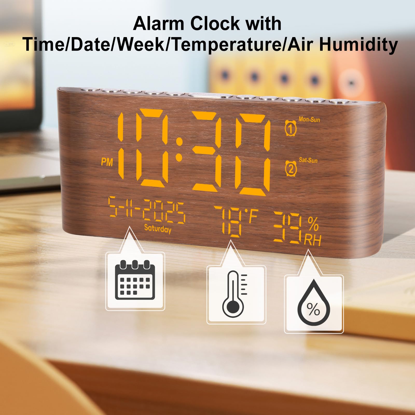 PPLEE Sveglia digitale da 22,1 cm per camera da letto, con giorno della settimana, mese, anno, umidità e temperatura, luminosità snooze, 2 sveglie e 2 caricabatterie USB, orologio da scrivania per chi