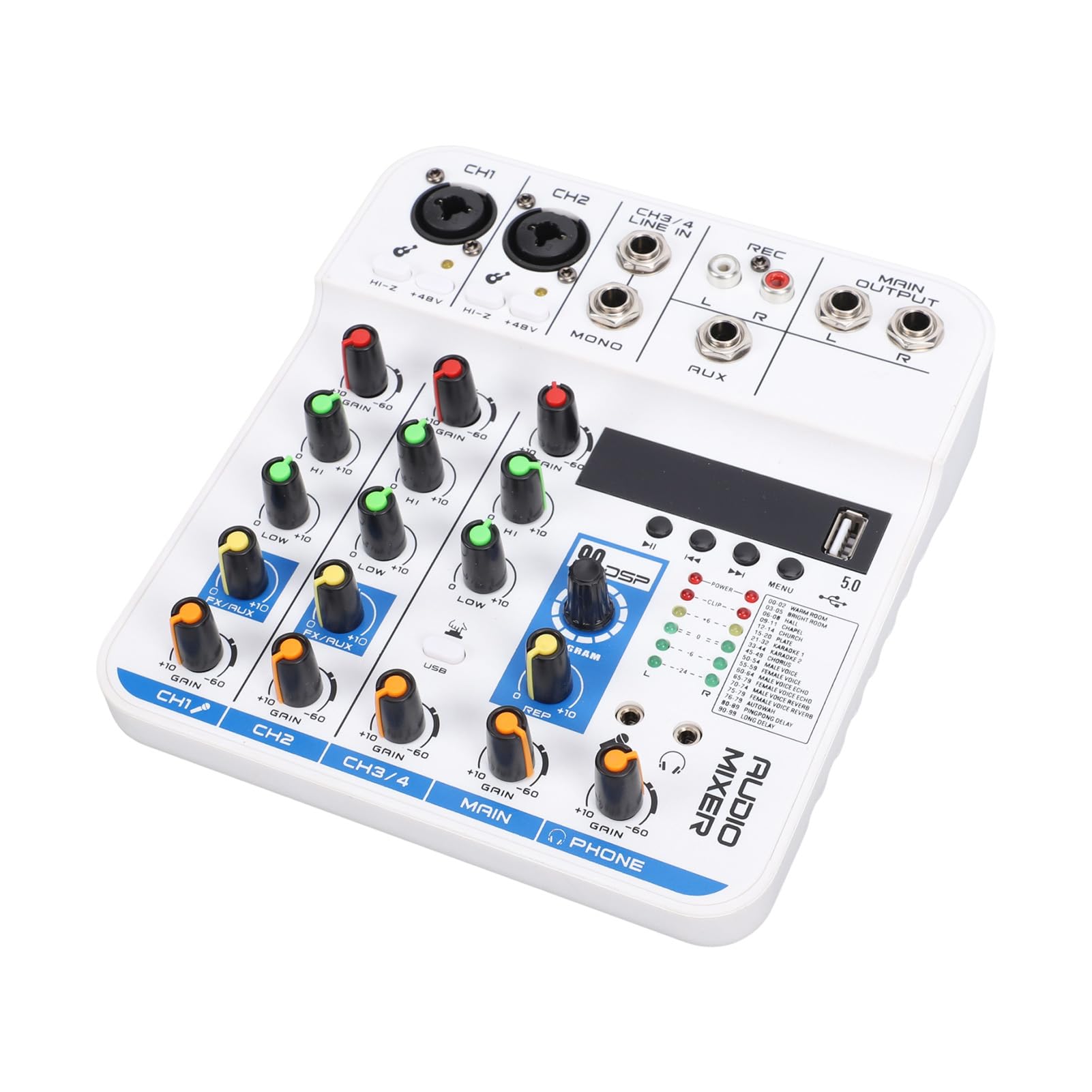 Asixxsix 4-kanałowy Mikser Audio, Cyfrowy Pogłos Bluetooth DSP, Płyta Dźwiękowa Miksera DJ z Wejściem USB MP3 XLR 6,35 Mm, 3,5 Mm i Zasilaniem Phantom 48 V, Płytka Miksera Dźwięku (WHITE)