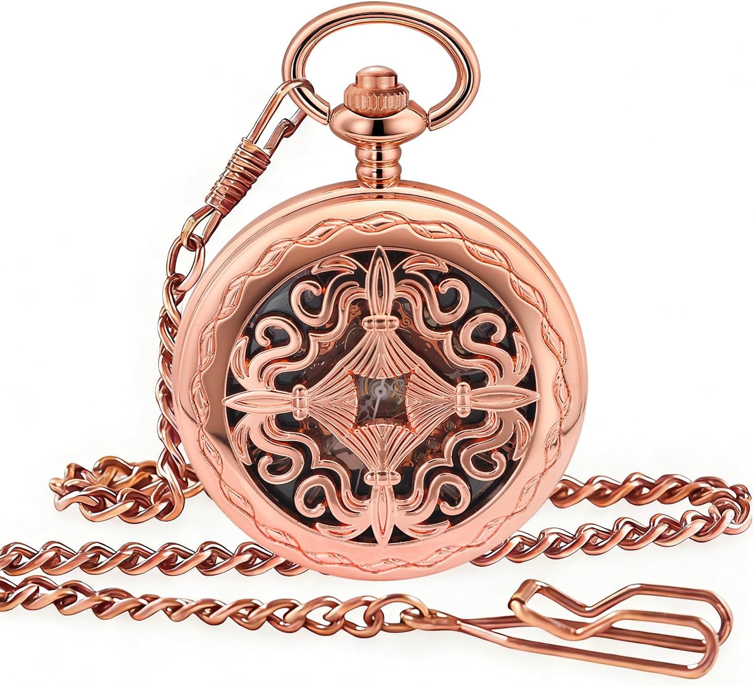 Rose Gold Roman Numerals Design Mechanical Pocket Watch Mens Retro Chain Clock Mechanical Hand Winding Antique Timepiece Male